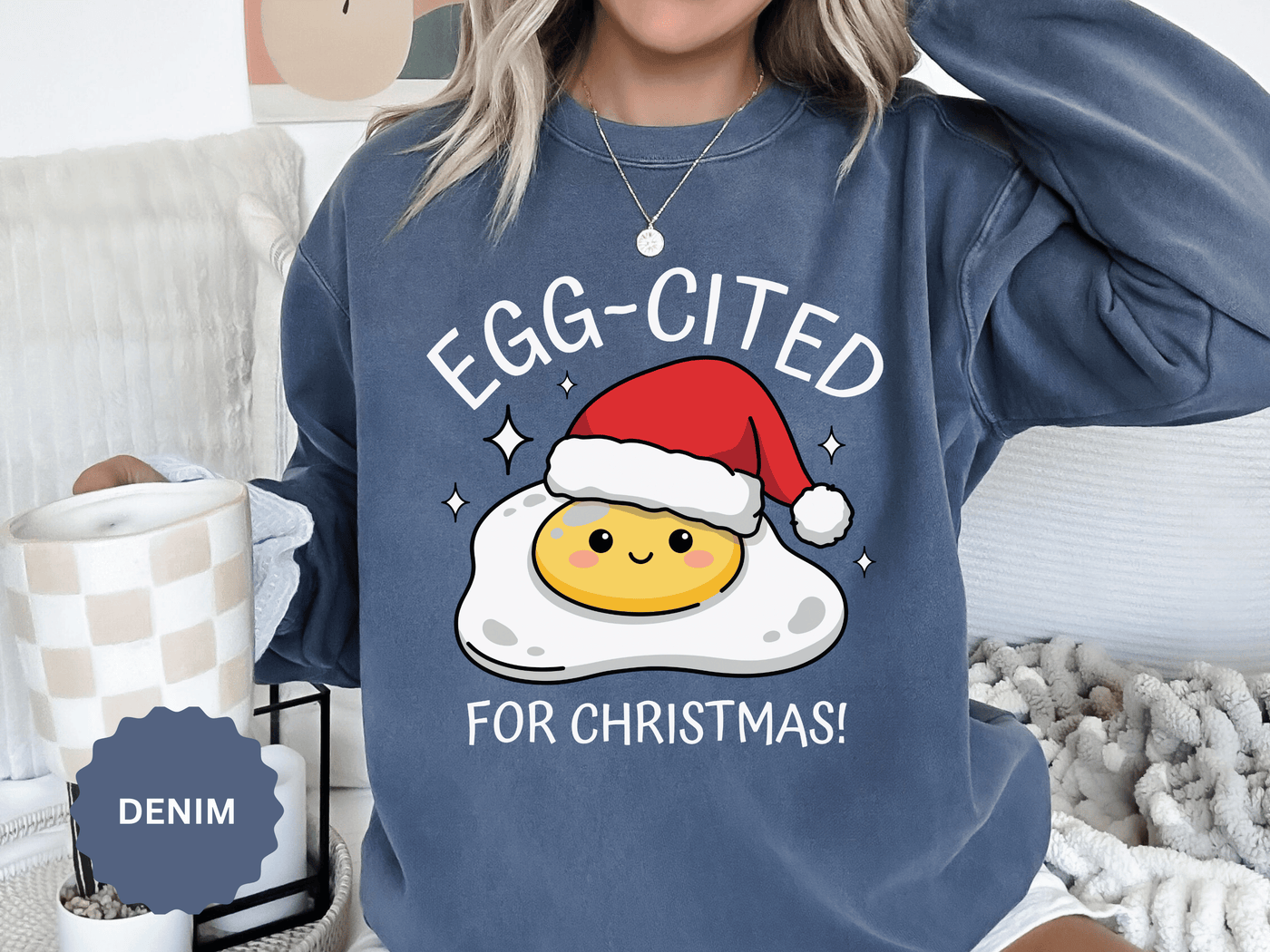 Egg-Cited for Christmas Sweatshirt, Funny Fried Egg Crewneck, Cute Food Pun Holiday Pullover, Christmas Breakfast Gift for Brunch Lover
