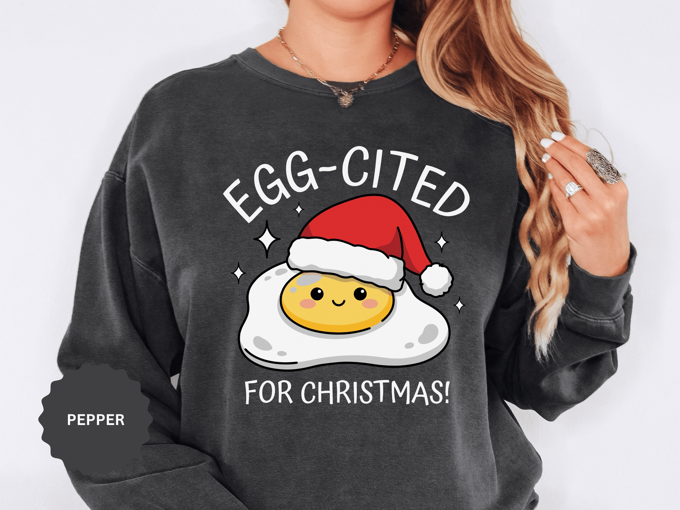 Egg-Cited for Christmas Sweatshirt, Funny Fried Egg Crewneck, Cute Food Pun Holiday Pullover, Christmas Breakfast Gift for Brunch Lover