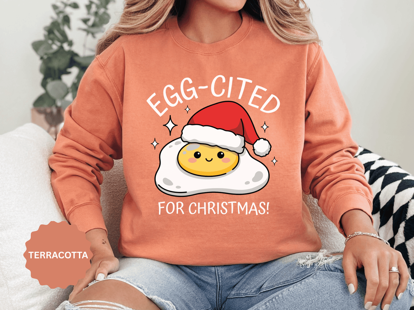 Egg-Cited for Christmas Sweatshirt, Funny Fried Egg Crewneck, Cute Food Pun Holiday Pullover, Christmas Breakfast Gift for Brunch Lover