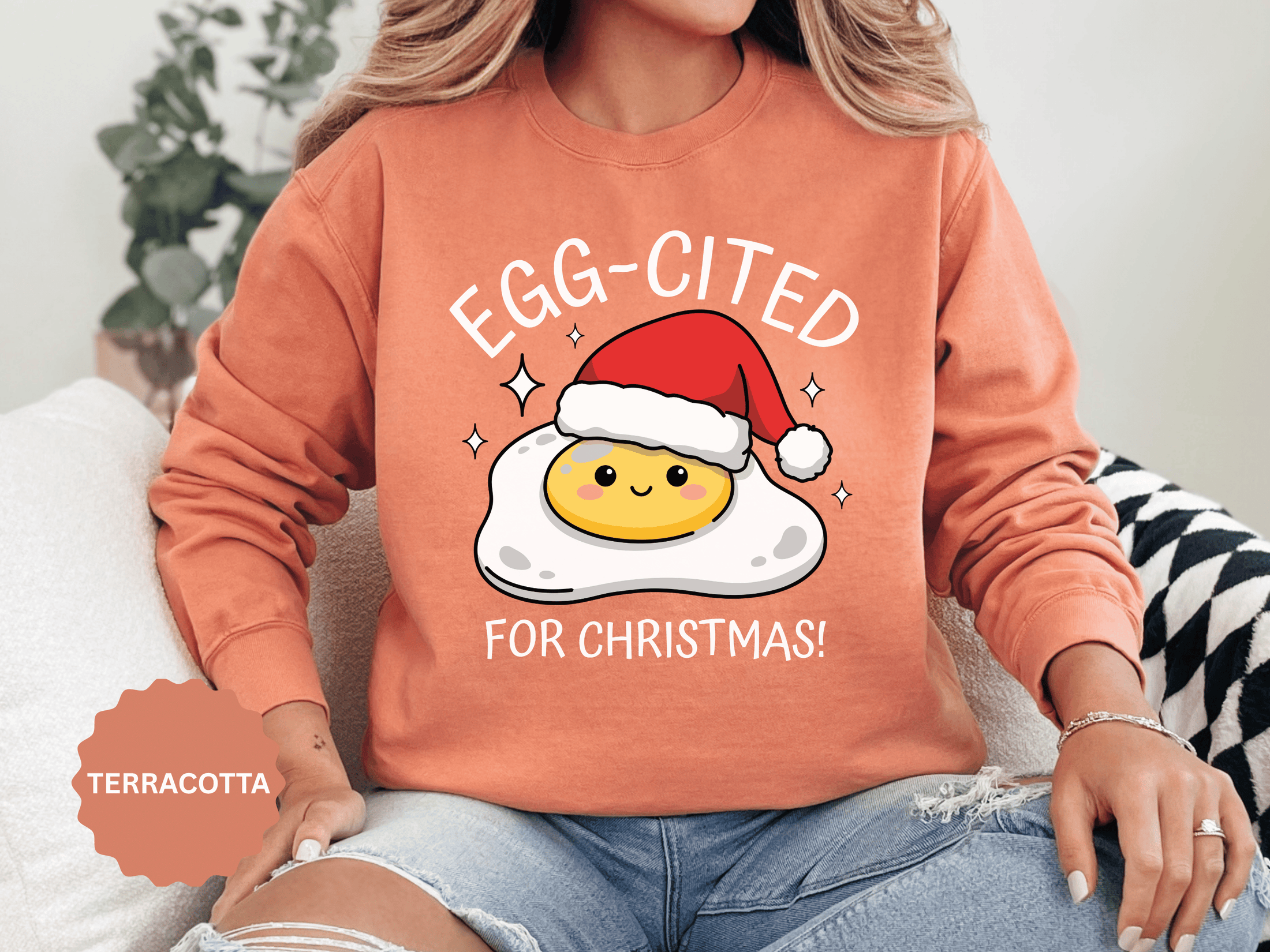 Egg-Cited for Christmas Sweatshirt, Funny Fried Egg Crewneck, Cute Food Pun Holiday Pullover, Christmas Breakfast Gift for Brunch Lover
