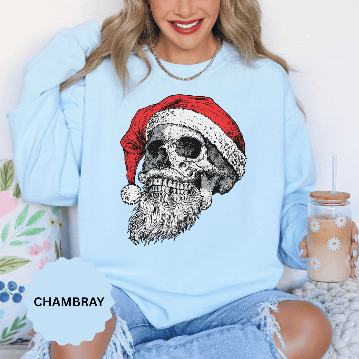 Skull Santa Sweatshirt, Gothic Christmas Crewneck, Creepy Holiday Skeleton Pullover, Alternative Xmas Gift for Metalhead or Horror Fan