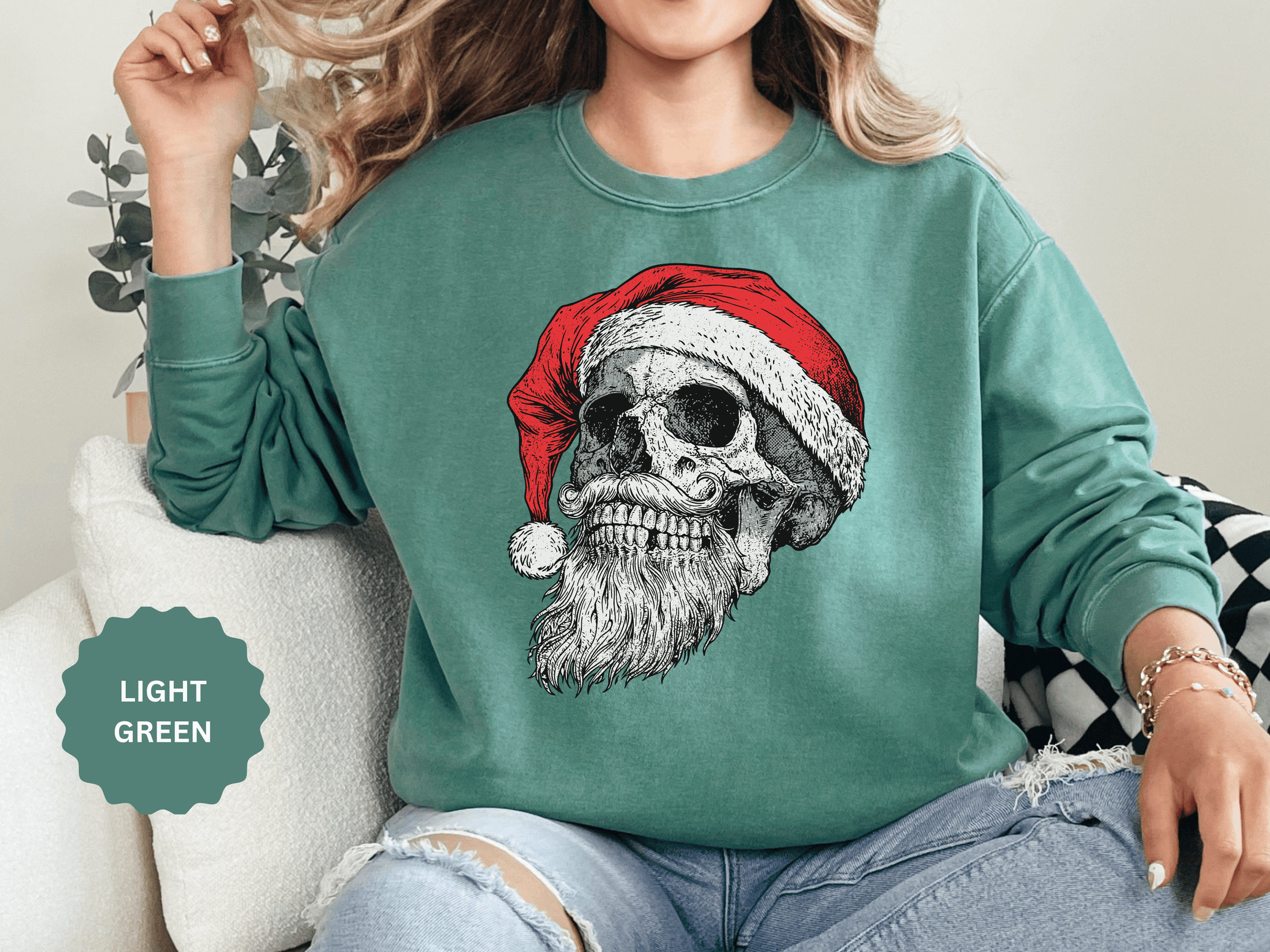 Skull Santa Sweatshirt, Gothic Christmas Crewneck, Creepy Holiday Skeleton Pullover, Alternative Xmas Gift for Metalhead or Horror Fan