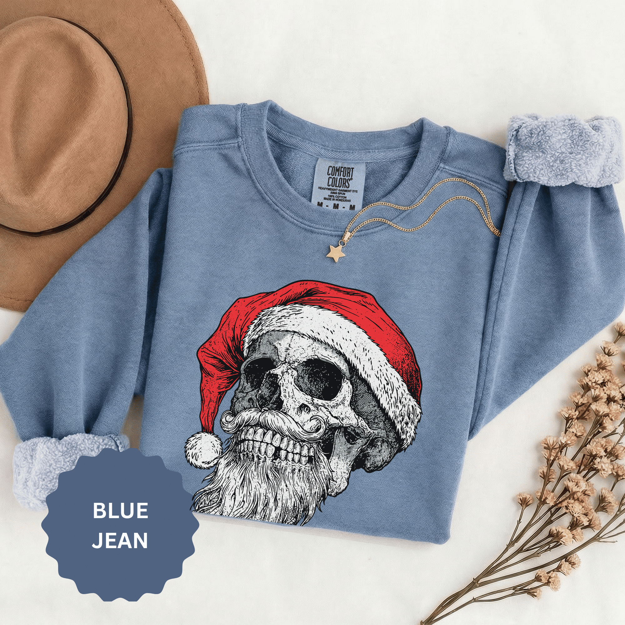 Skull Santa Sweatshirt, Gothic Christmas Crewneck, Creepy Holiday Skeleton Pullover, Alternative Xmas Gift for Metalhead or Horror Fan