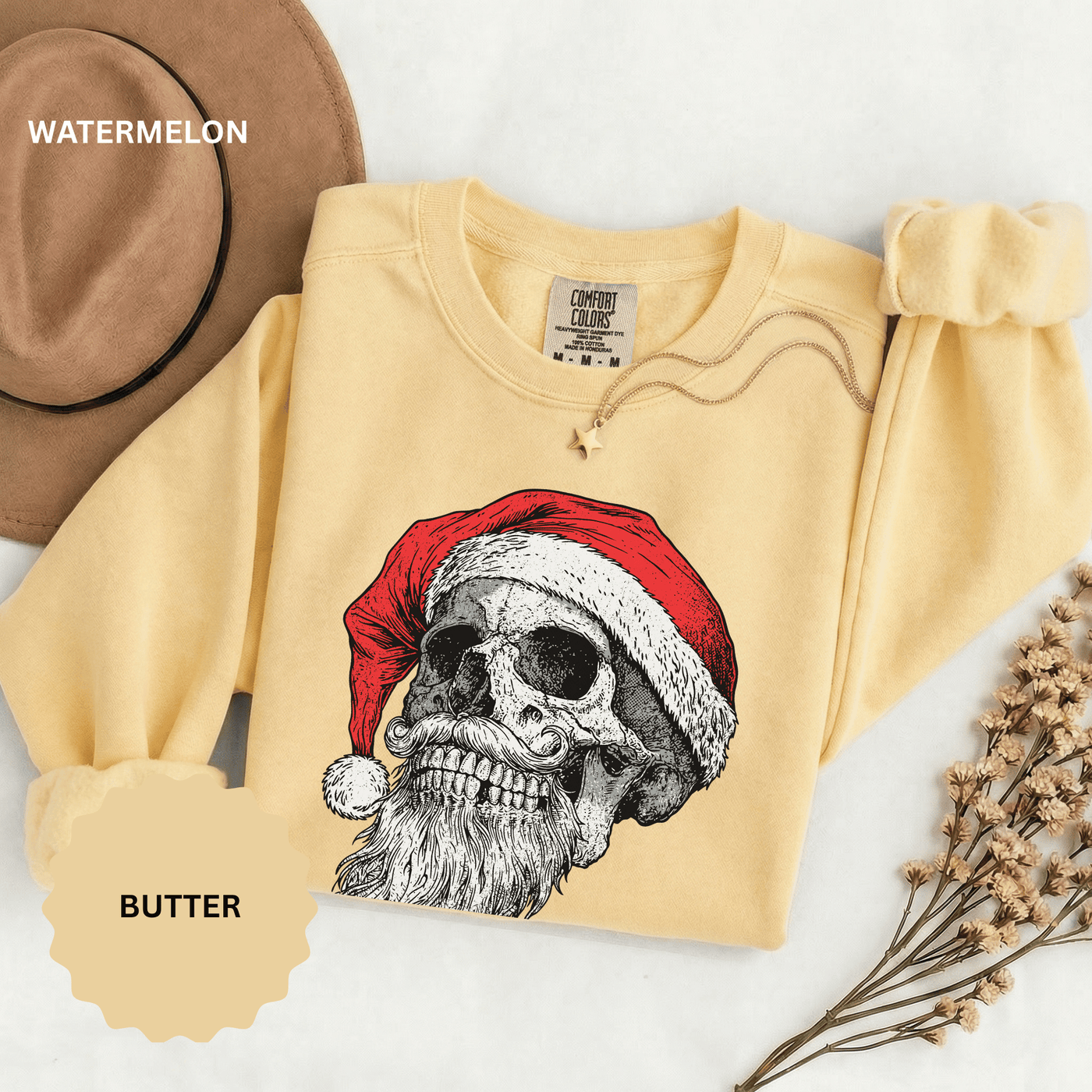 Skull Santa Sweatshirt, Gothic Christmas Crewneck, Creepy Holiday Skeleton Pullover, Alternative Xmas Gift for Metalhead or Horror Fan