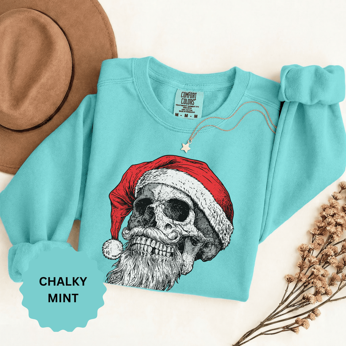 Skull Santa Sweatshirt, Gothic Christmas Crewneck, Creepy Holiday Skeleton Pullover, Alternative Xmas Gift for Metalhead or Horror Fan