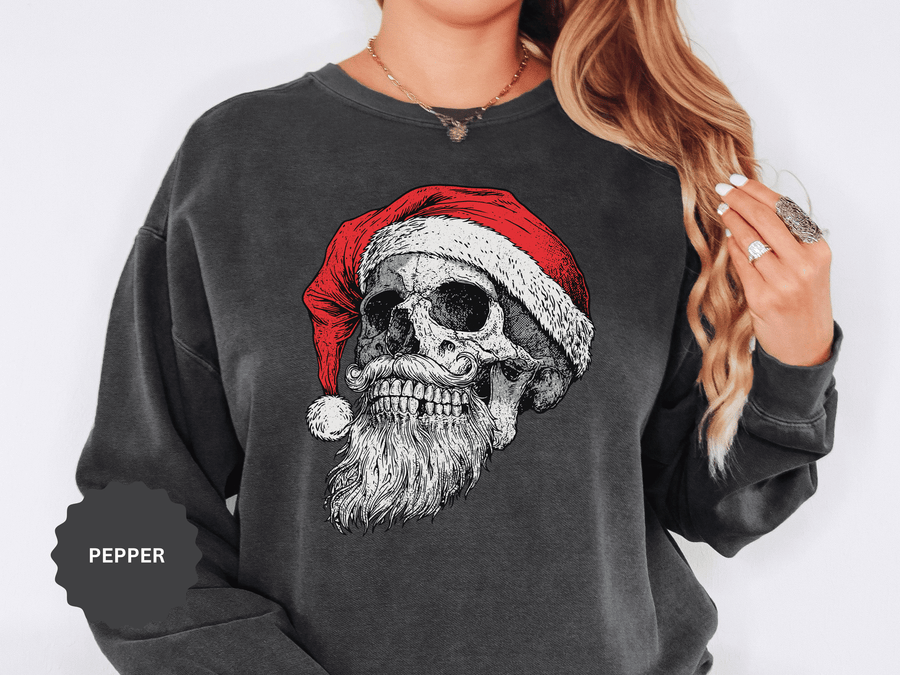 Skull Santa Sweatshirt, Gothic Christmas Crewneck, Creepy Holiday Skeleton Pullover, Alternative Xmas Gift for Metalhead or Horror Fan