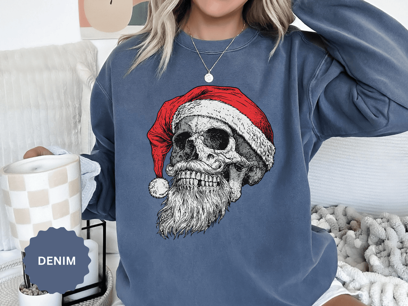 Skull Santa Sweatshirt, Gothic Christmas Crewneck, Creepy Holiday Skeleton Pullover, Alternative Xmas Gift for Metalhead or Horror Fan