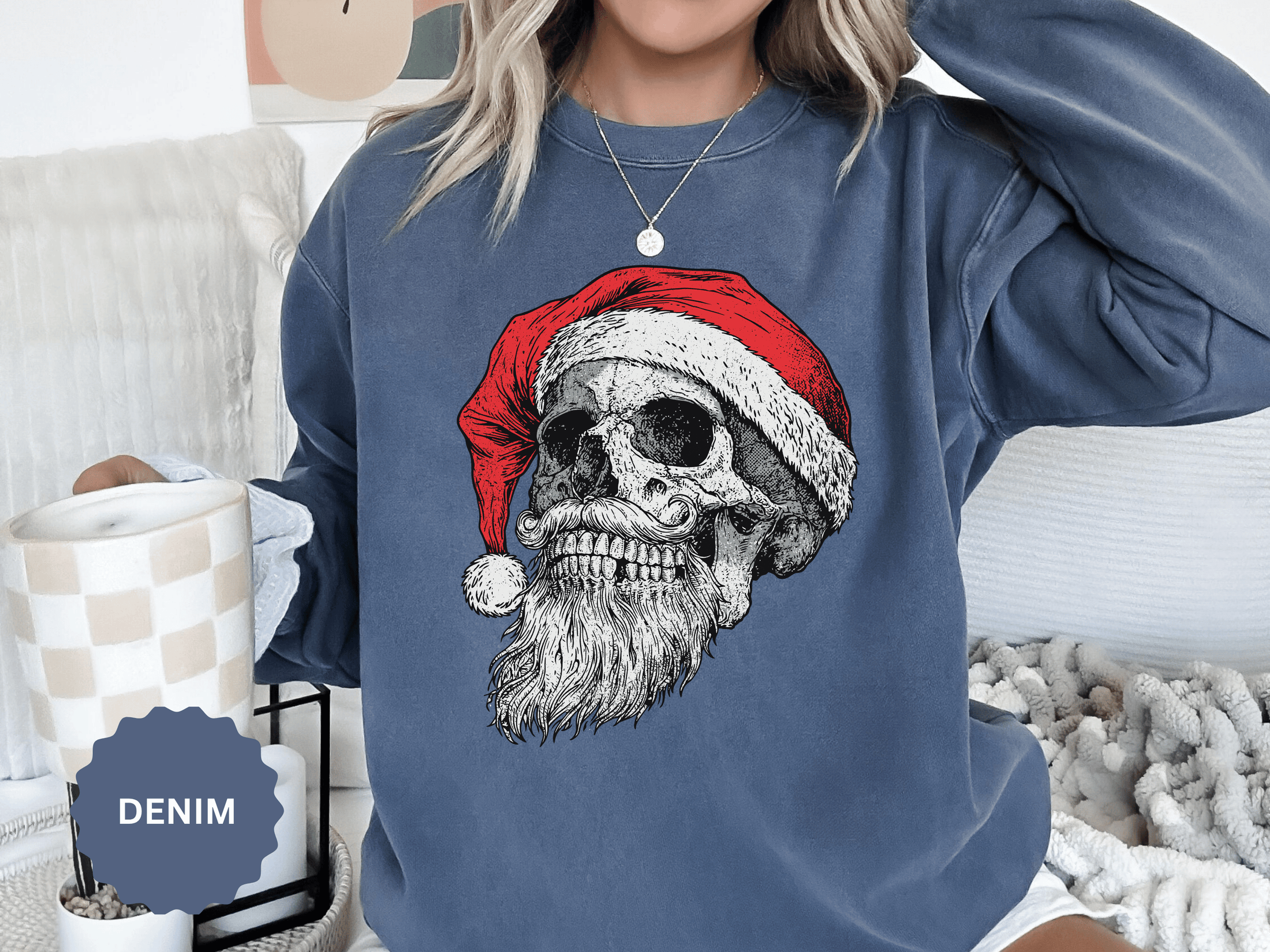 Skull Santa Sweatshirt, Gothic Christmas Crewneck, Creepy Holiday Skeleton Pullover, Alternative Xmas Gift for Metalhead or Horror Fan