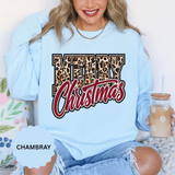 Merry Christmas Leopard Print Sweatshirt, Trendy Holiday Crewneck, Cheetah Lettering Pullover, Festive Gift for Women, Mom or Teacher
