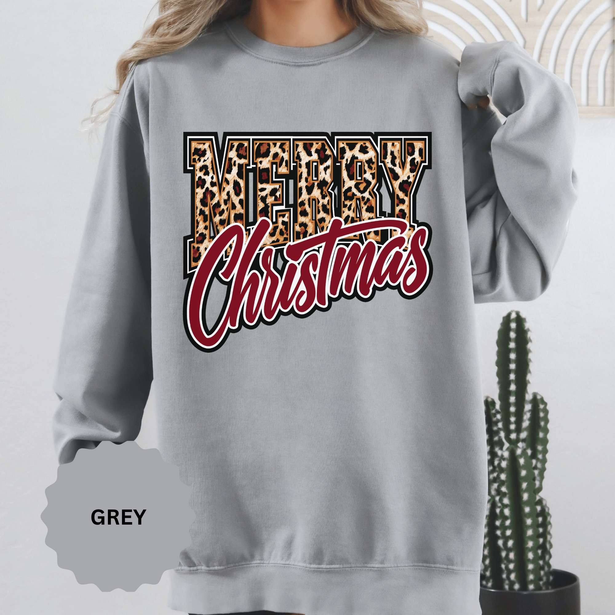 Merry Christmas Leopard Print Sweatshirt, Trendy Holiday Crewneck, Cheetah Lettering Pullover, Festive Gift for Women, Mom or Teacher