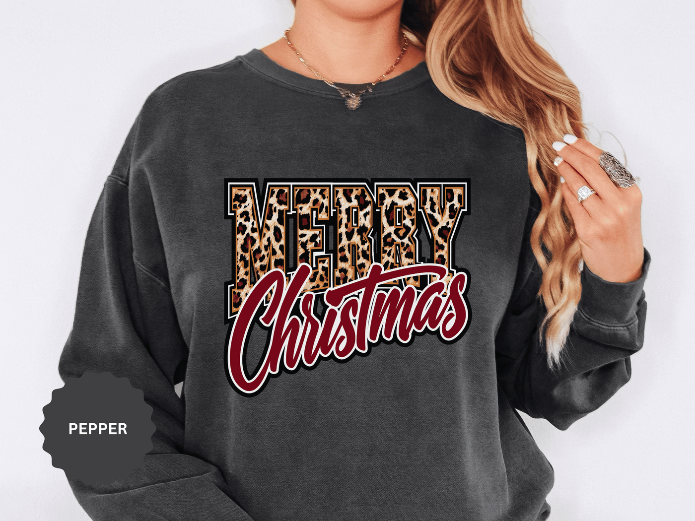 Merry Christmas Leopard Print Sweatshirt, Trendy Holiday Crewneck, Cheetah Lettering Pullover, Festive Gift for Women, Mom or Teacher