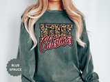 Merry Christmas Leopard Print Sweatshirt, Trendy Holiday Crewneck, Cheetah Lettering Pullover, Festive Gift for Women, Mom or Teacher
