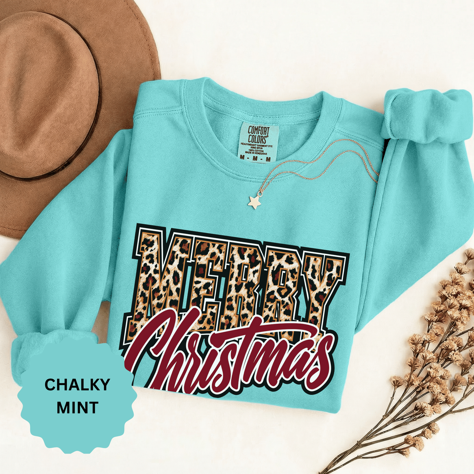 Merry Christmas Leopard Print Sweatshirt, Trendy Holiday Crewneck, Cheetah Lettering Pullover, Festive Gift for Women, Mom or Teacher
