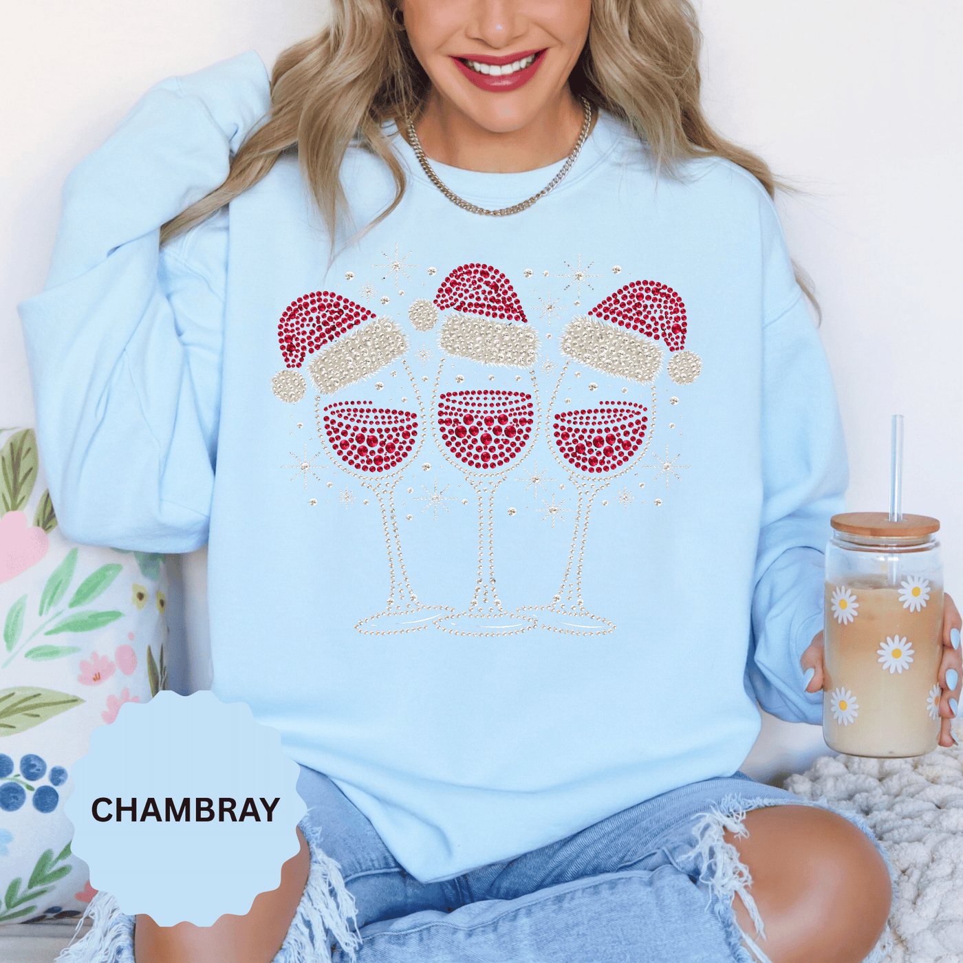 Christmas Wine Glass Sweatshirt, Rhinestone Style Santa Hat Crewneck, Sparkly Holiday Party Pullover, Wine Lover Gift for Girls Night