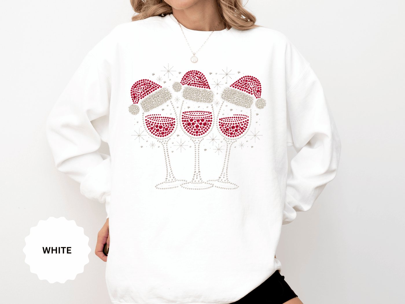Christmas Wine Glass Sweatshirt, Rhinestone Style Santa Hat Crewneck, Sparkly Holiday Party Pullover, Wine Lover Gift for Girls Night