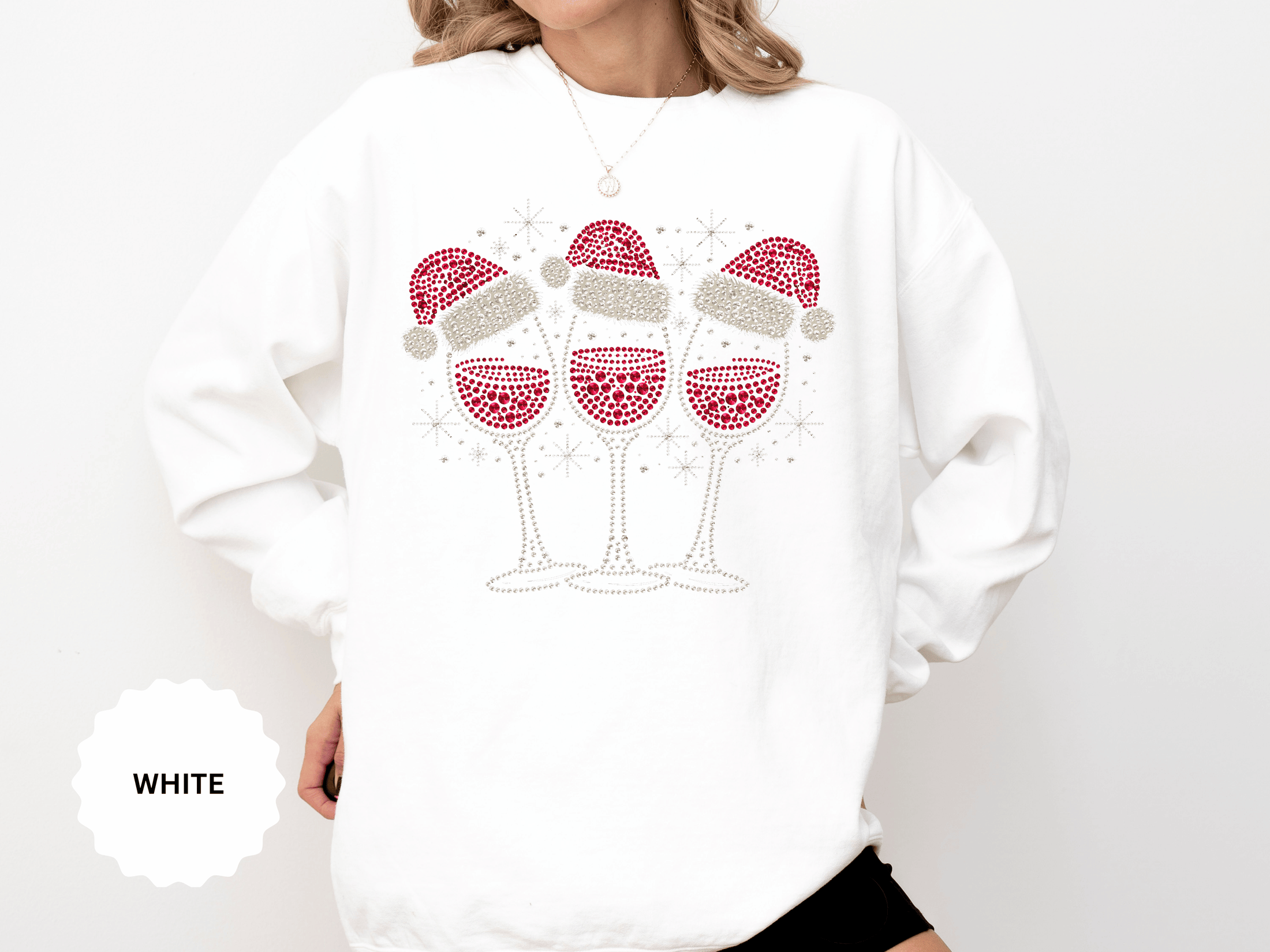 Christmas Wine Glass Sweatshirt, Rhinestone Style Santa Hat Crewneck, Sparkly Holiday Party Pullover, Wine Lover Gift for Girls Night