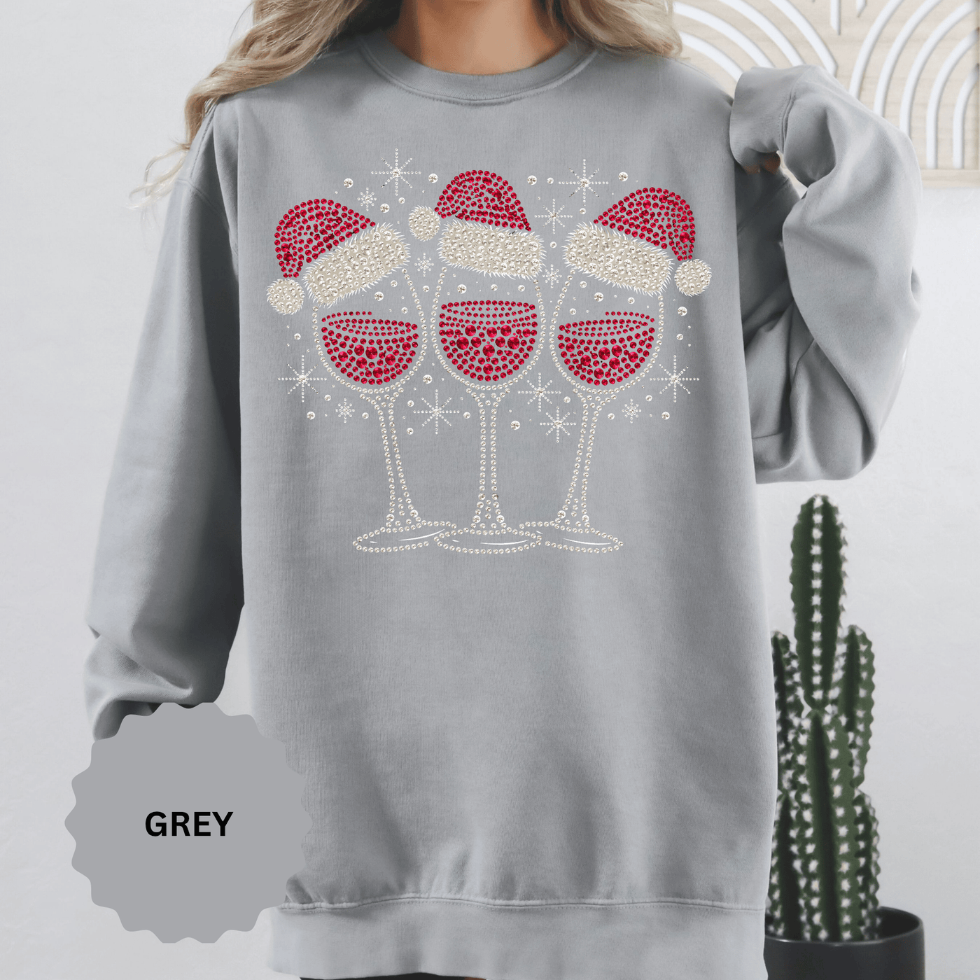Christmas Wine Glass Sweatshirt, Rhinestone Style Santa Hat Crewneck, Sparkly Holiday Party Pullover, Wine Lover Gift for Girls Night