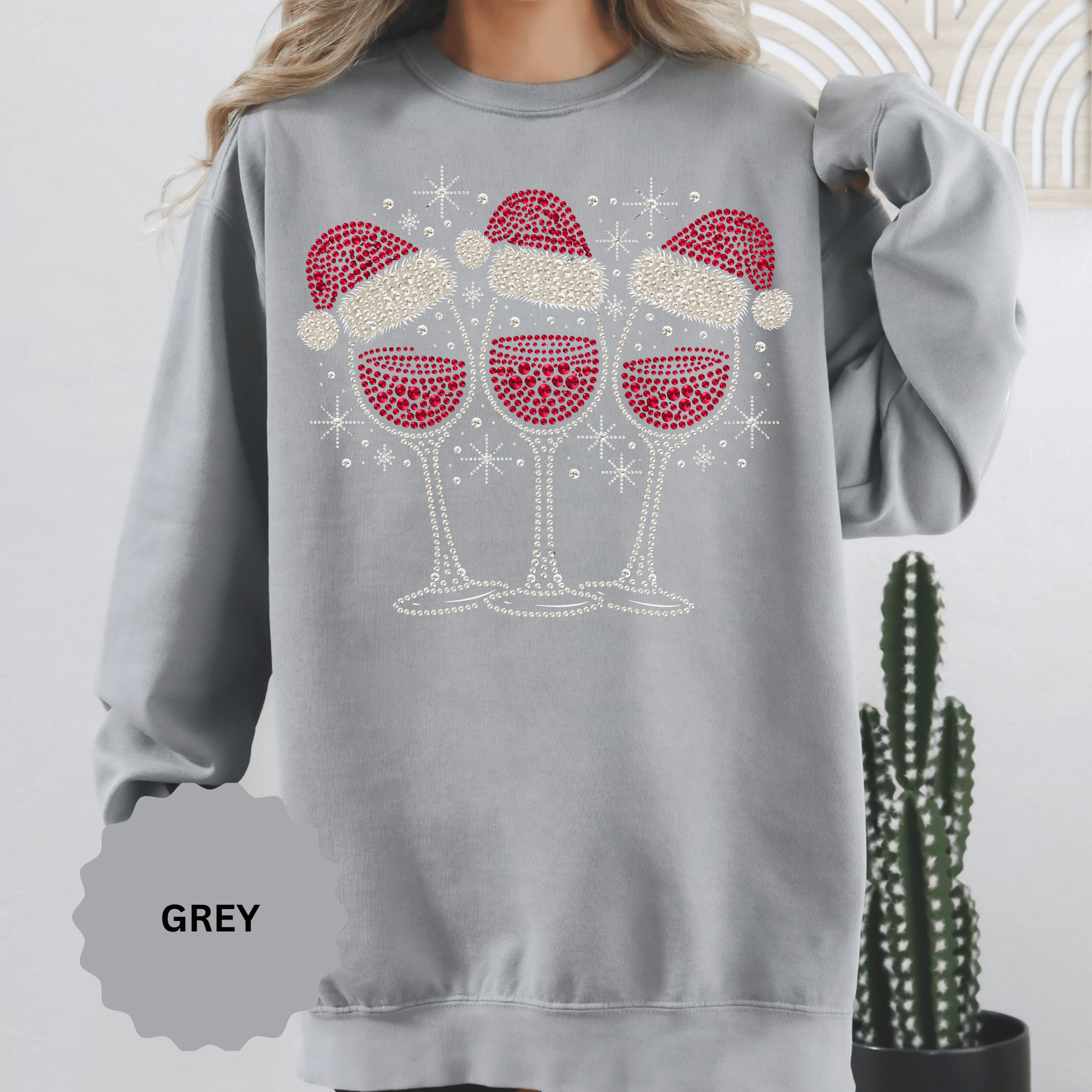 Christmas Wine Glass Sweatshirt, Rhinestone Style Santa Hat Crewneck, Sparkly Holiday Party Pullover, Wine Lover Gift for Girls Night
