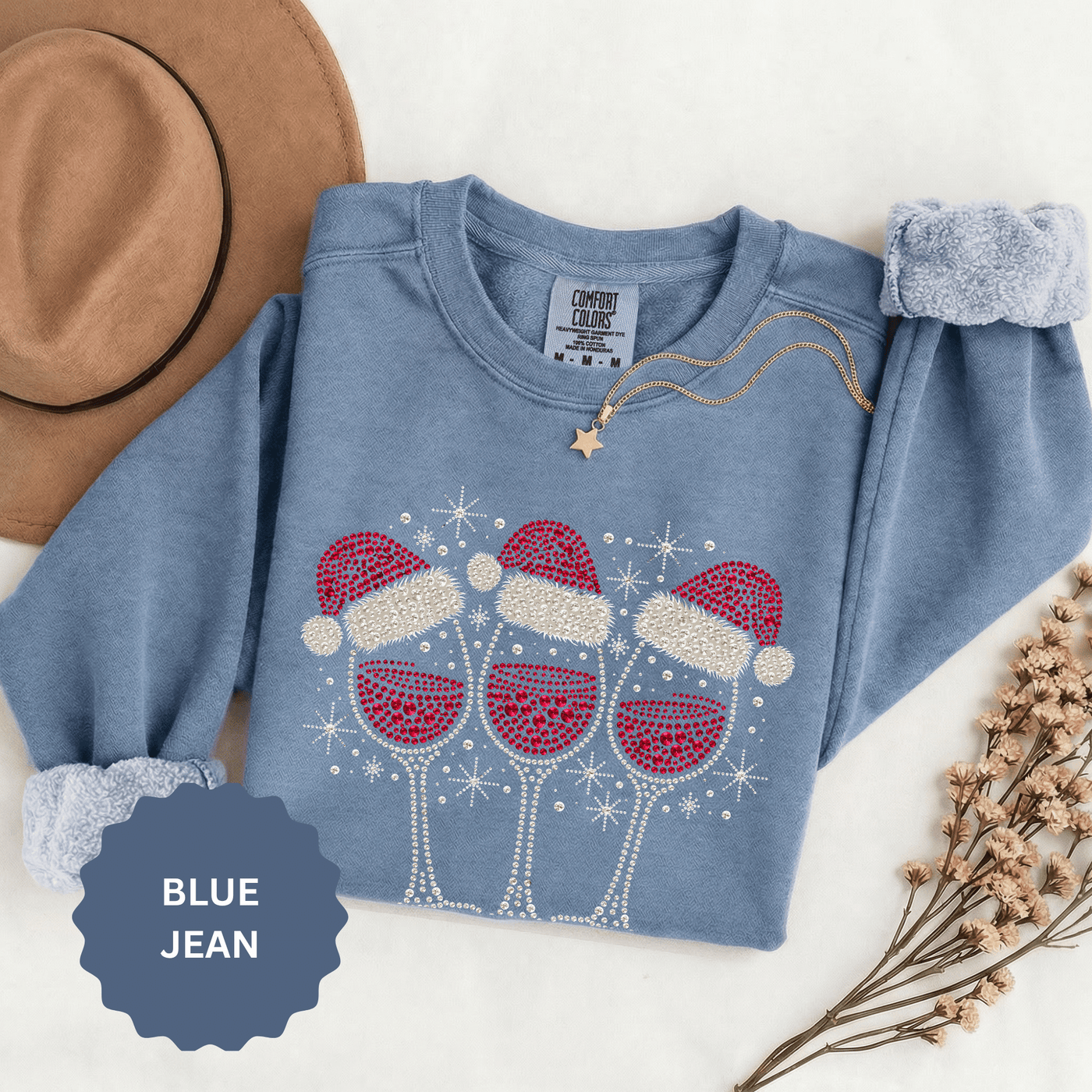 Christmas Wine Glass Sweatshirt, Rhinestone Style Santa Hat Crewneck, Sparkly Holiday Party Pullover, Wine Lover Gift for Girls Night