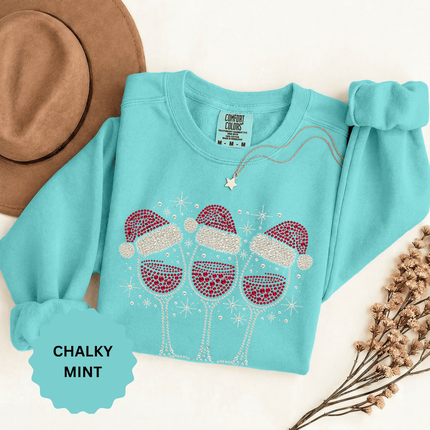 Christmas Wine Glass Sweatshirt, Rhinestone Style Santa Hat Crewneck, Sparkly Holiday Party Pullover, Wine Lover Gift for Girls Night