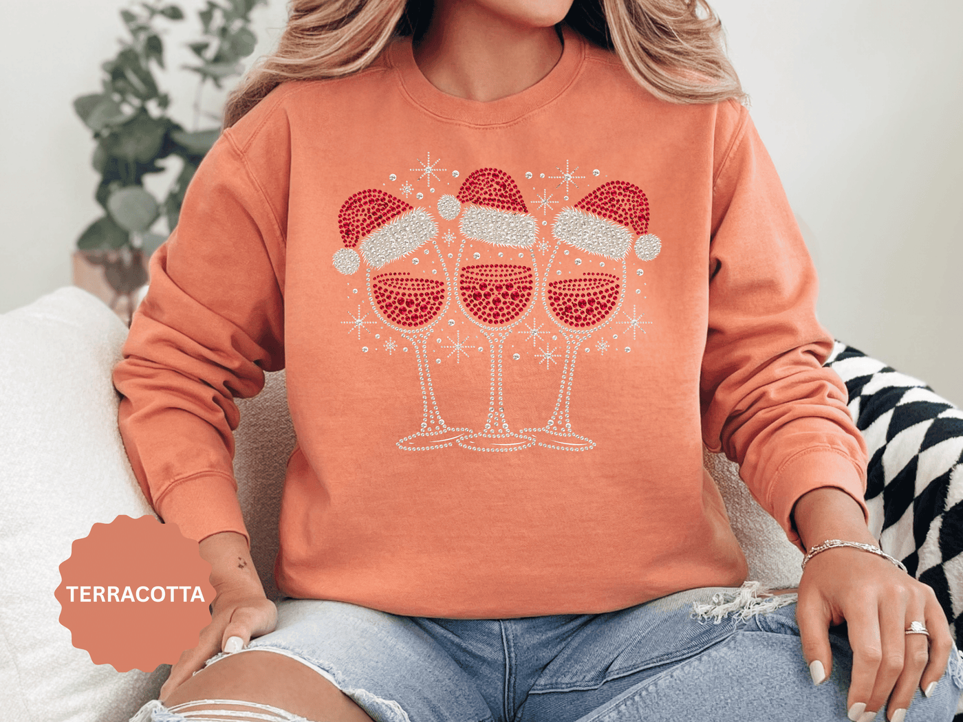 Christmas Wine Glass Sweatshirt, Rhinestone Style Santa Hat Crewneck, Sparkly Holiday Party Pullover, Wine Lover Gift for Girls Night