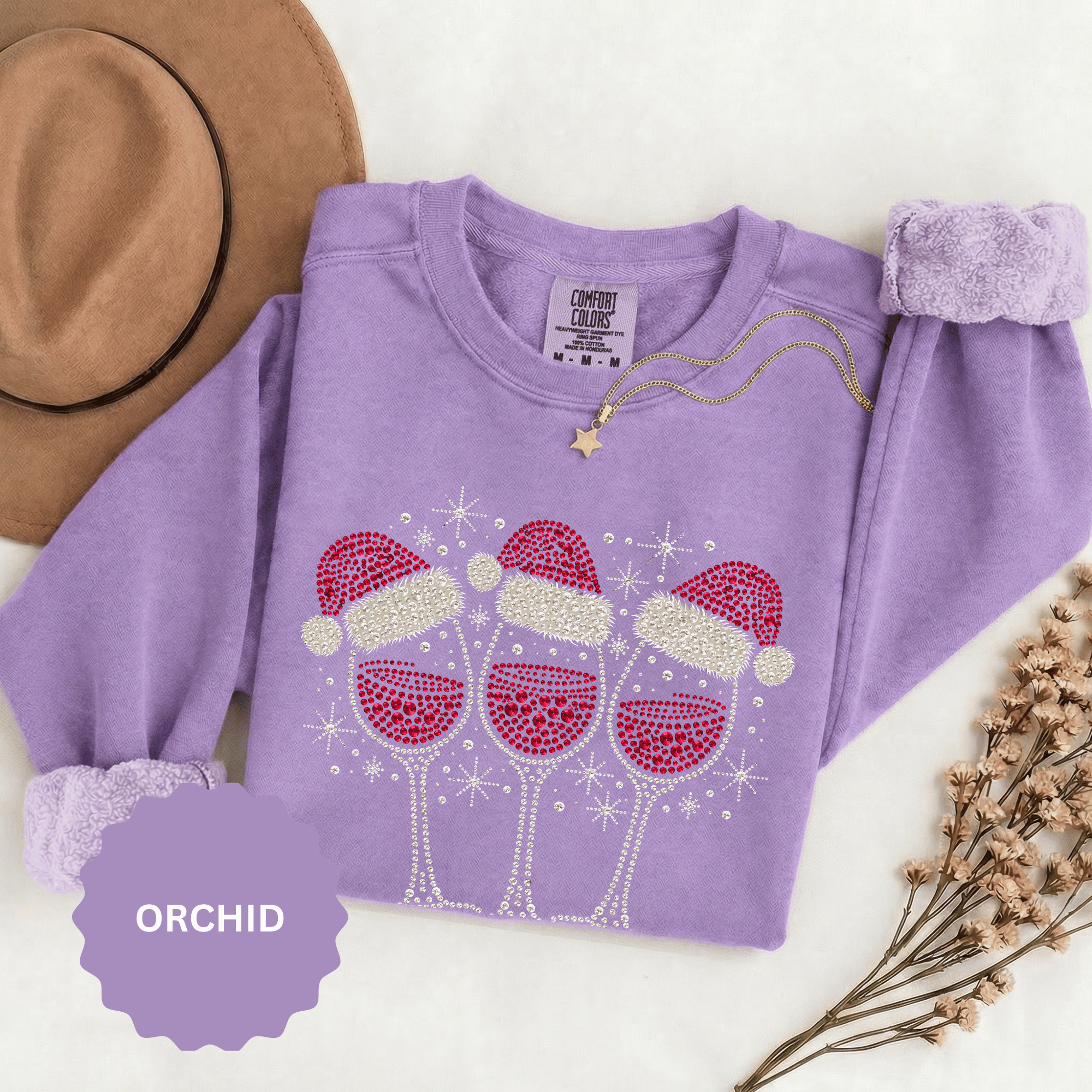 Christmas Wine Glass Sweatshirt, Rhinestone Style Santa Hat Crewneck, Sparkly Holiday Party Pullover, Wine Lover Gift for Girls Night