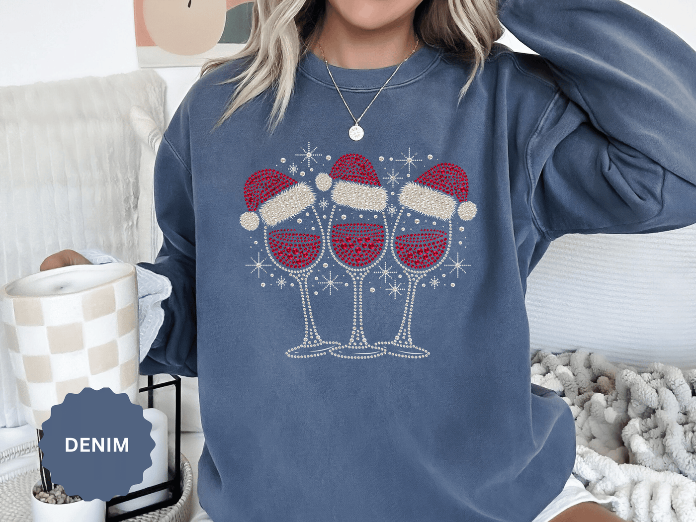 Christmas Wine Glass Sweatshirt, Rhinestone Style Santa Hat Crewneck, Sparkly Holiday Party Pullover, Wine Lover Gift for Girls Night
