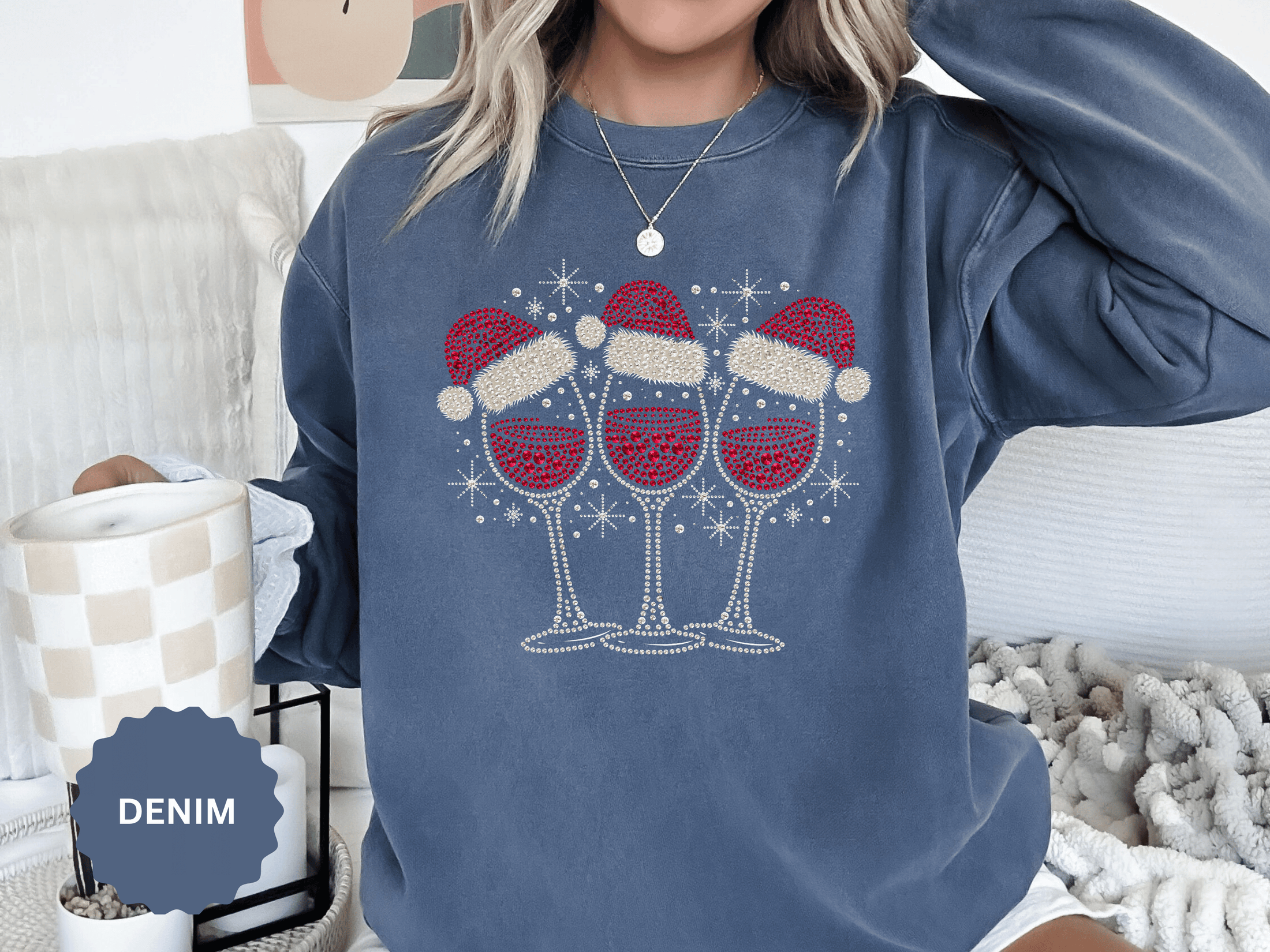 Christmas Wine Glass Sweatshirt, Rhinestone Style Santa Hat Crewneck, Sparkly Holiday Party Pullover, Wine Lover Gift for Girls Night