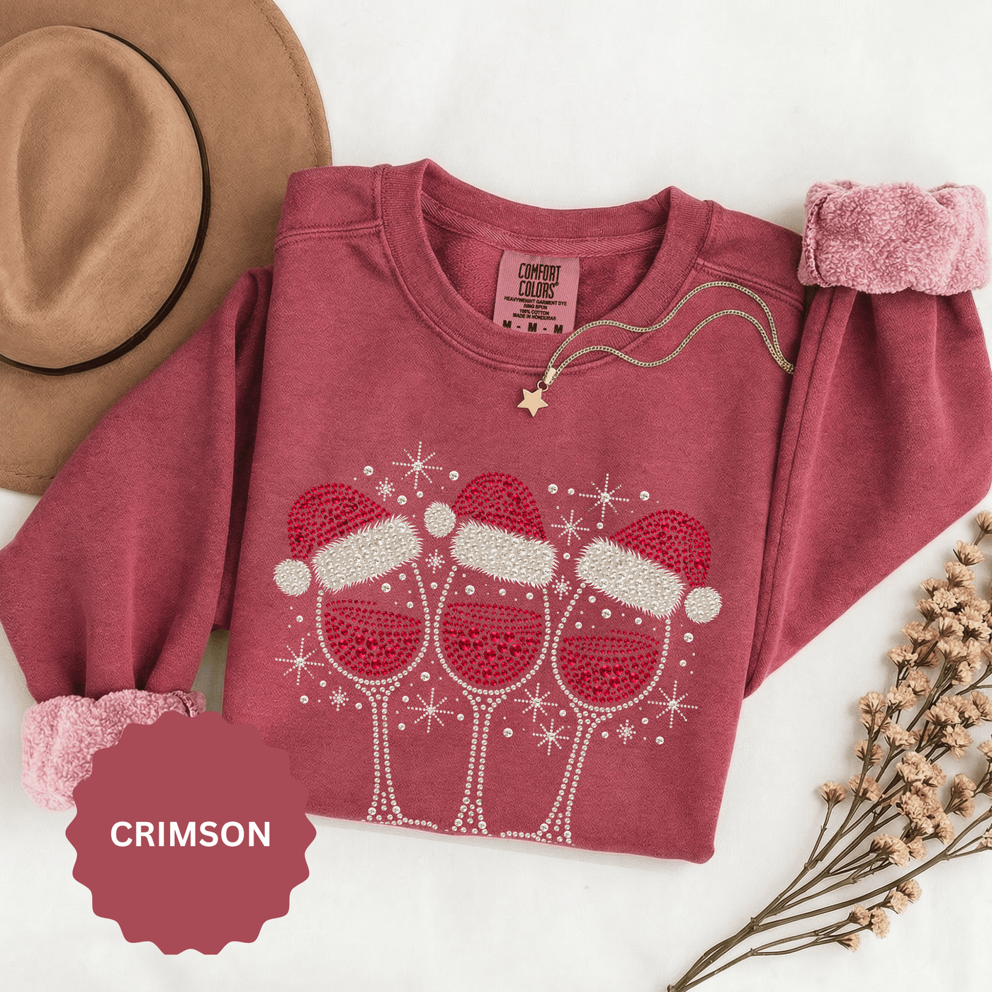 Christmas Wine Glass Sweatshirt, Rhinestone Style Santa Hat Crewneck, Sparkly Holiday Party Pullover, Wine Lover Gift for Girls Night