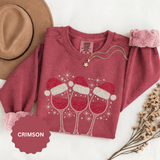 Christmas Wine Glass Sweatshirt, Rhinestone Style Santa Hat Crewneck, Sparkly Holiday Party Pullover, Wine Lover Gift for Girls Night