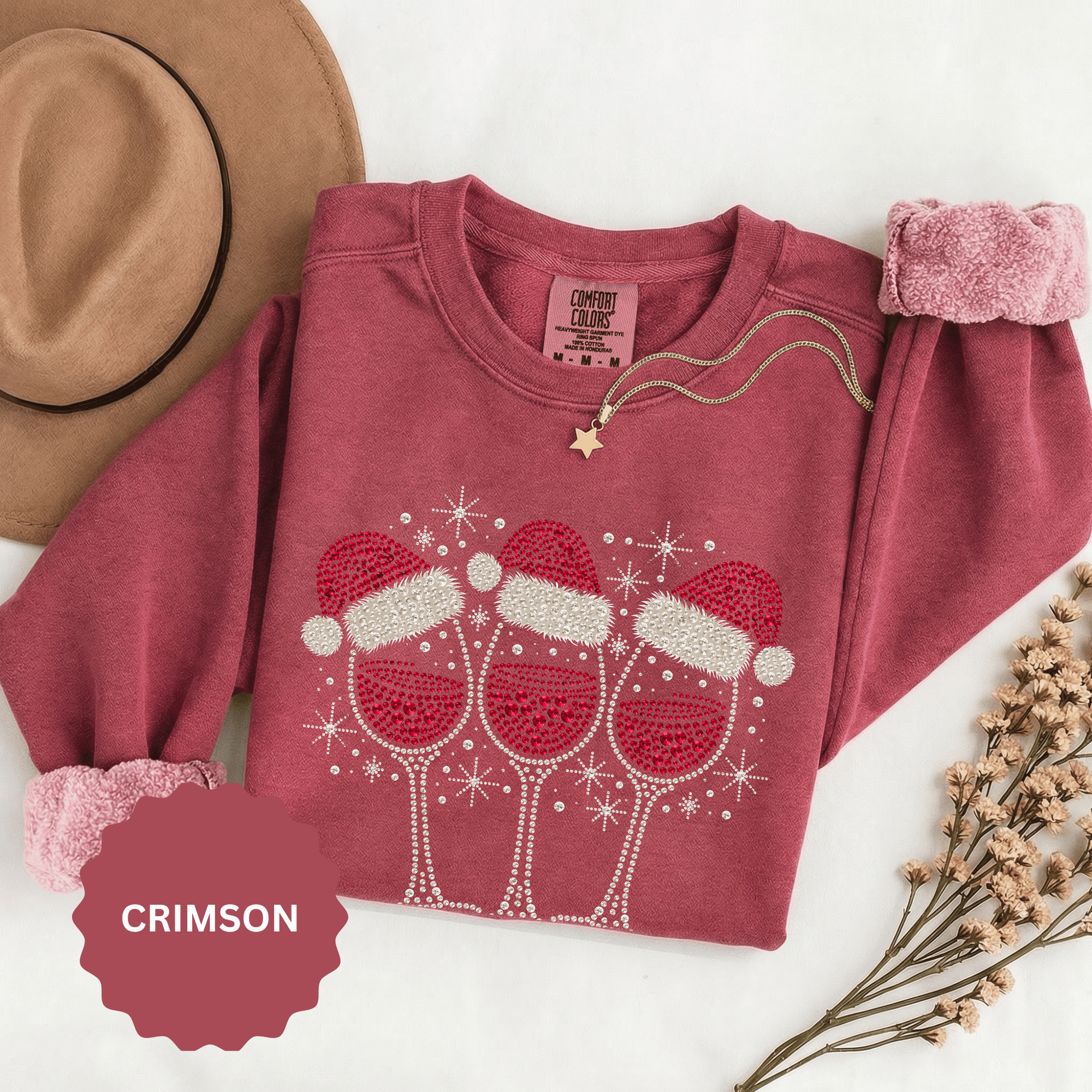 Christmas Wine Glass Sweatshirt, Rhinestone Style Santa Hat Crewneck, Sparkly Holiday Party Pullover, Wine Lover Gift for Girls Night