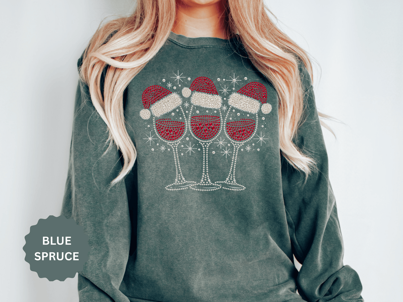 Christmas Wine Glass Sweatshirt, Rhinestone Style Santa Hat Crewneck, Sparkly Holiday Party Pullover, Wine Lover Gift for Girls Night