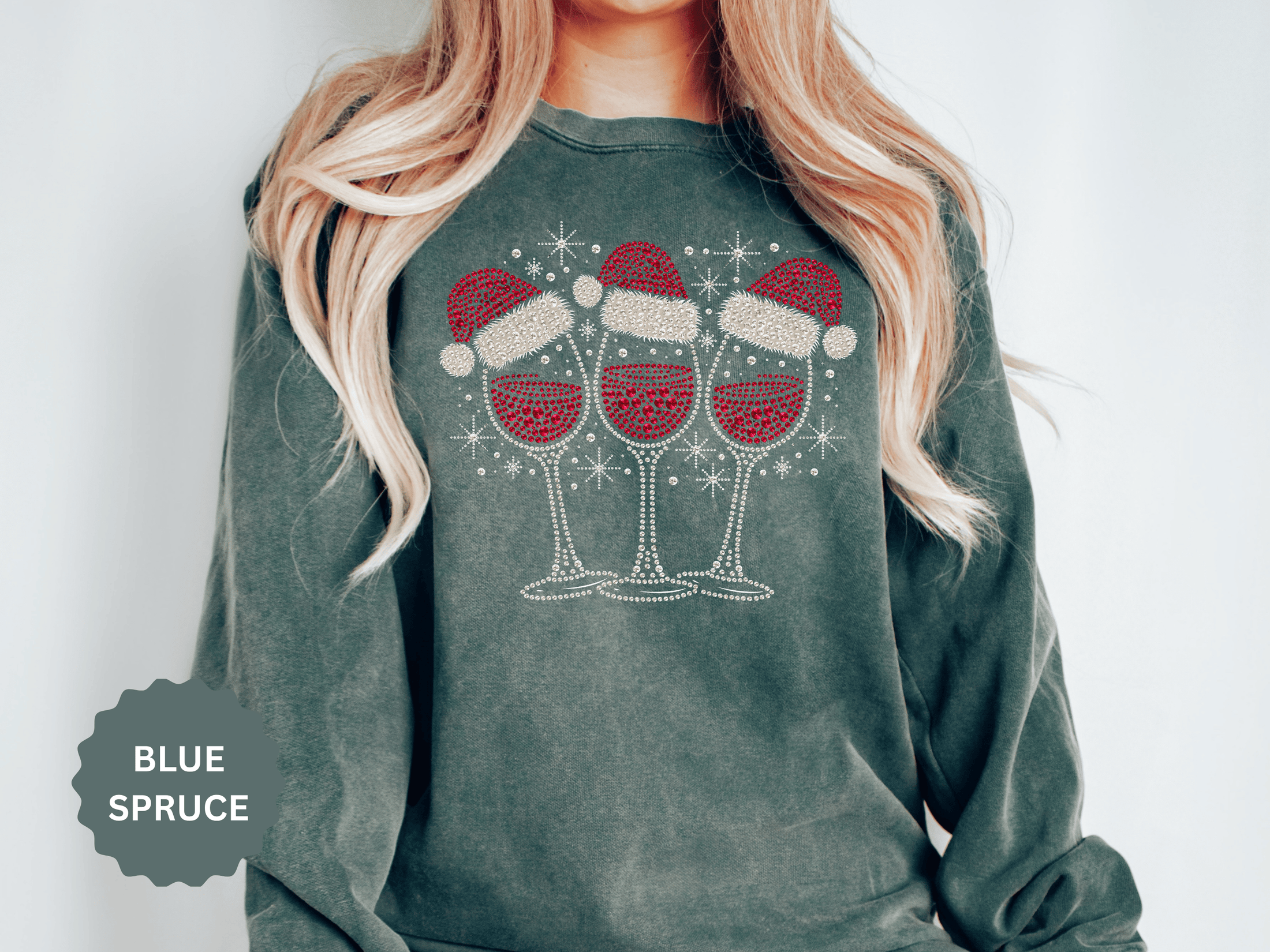 Christmas Wine Glass Sweatshirt, Rhinestone Style Santa Hat Crewneck, Sparkly Holiday Party Pullover, Wine Lover Gift for Girls Night