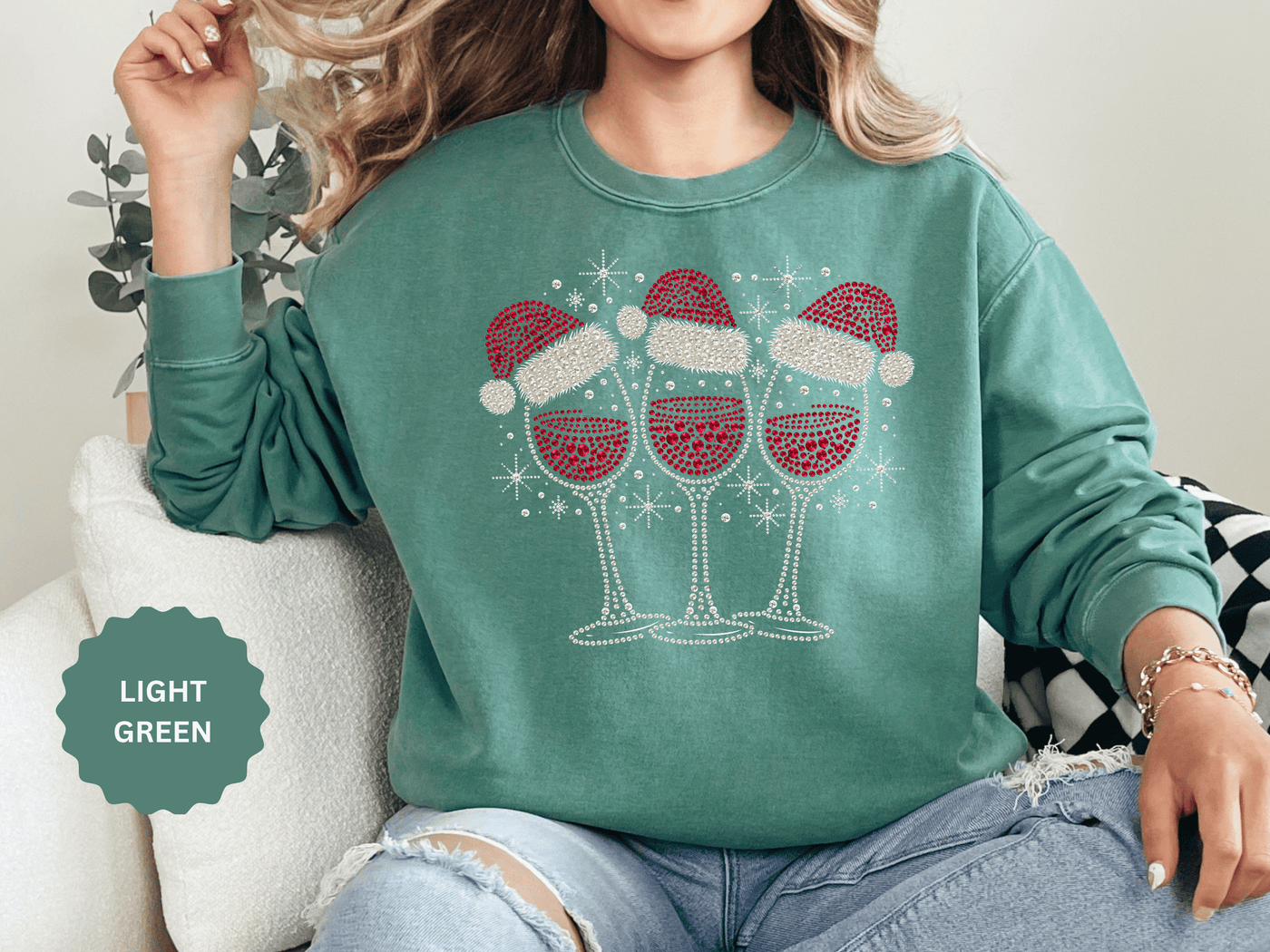 Christmas Wine Glass Sweatshirt, Rhinestone Style Santa Hat Crewneck, Sparkly Holiday Party Pullover, Wine Lover Gift for Girls Night