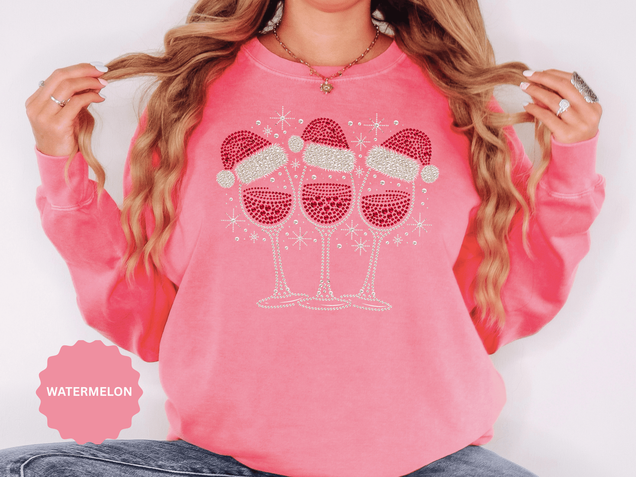 Christmas Wine Glass Sweatshirt, Rhinestone Style Santa Hat Crewneck, Sparkly Holiday Party Pullover, Wine Lover Gift for Girls Night