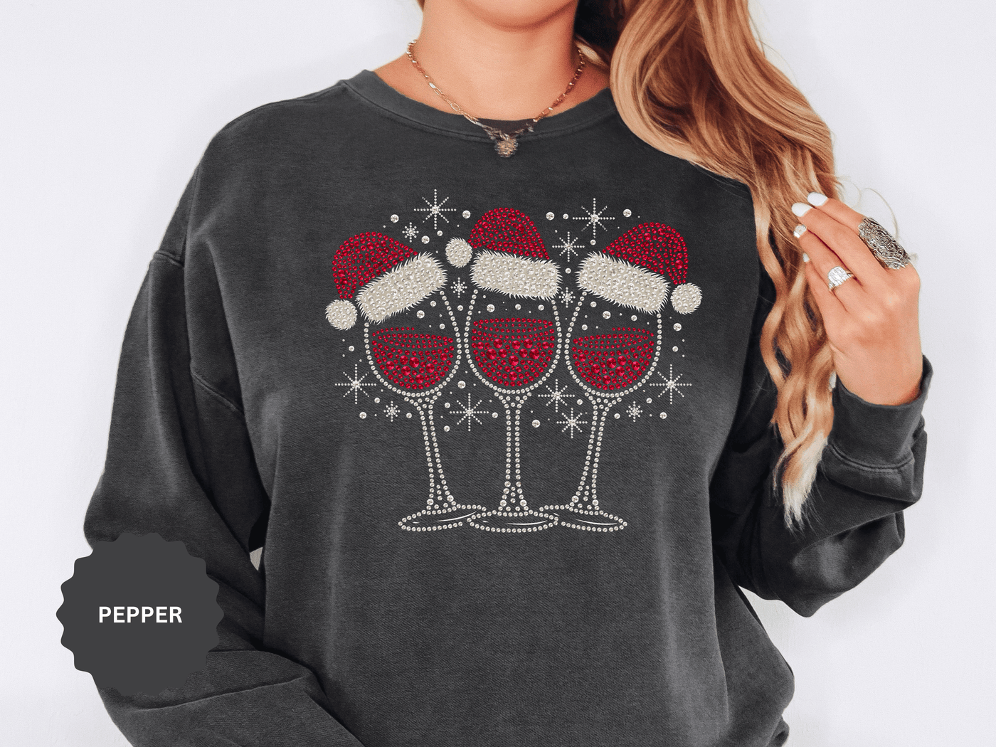 Christmas Wine Glass Sweatshirt, Rhinestone Style Santa Hat Crewneck, Sparkly Holiday Party Pullover, Wine Lover Gift for Girls Night