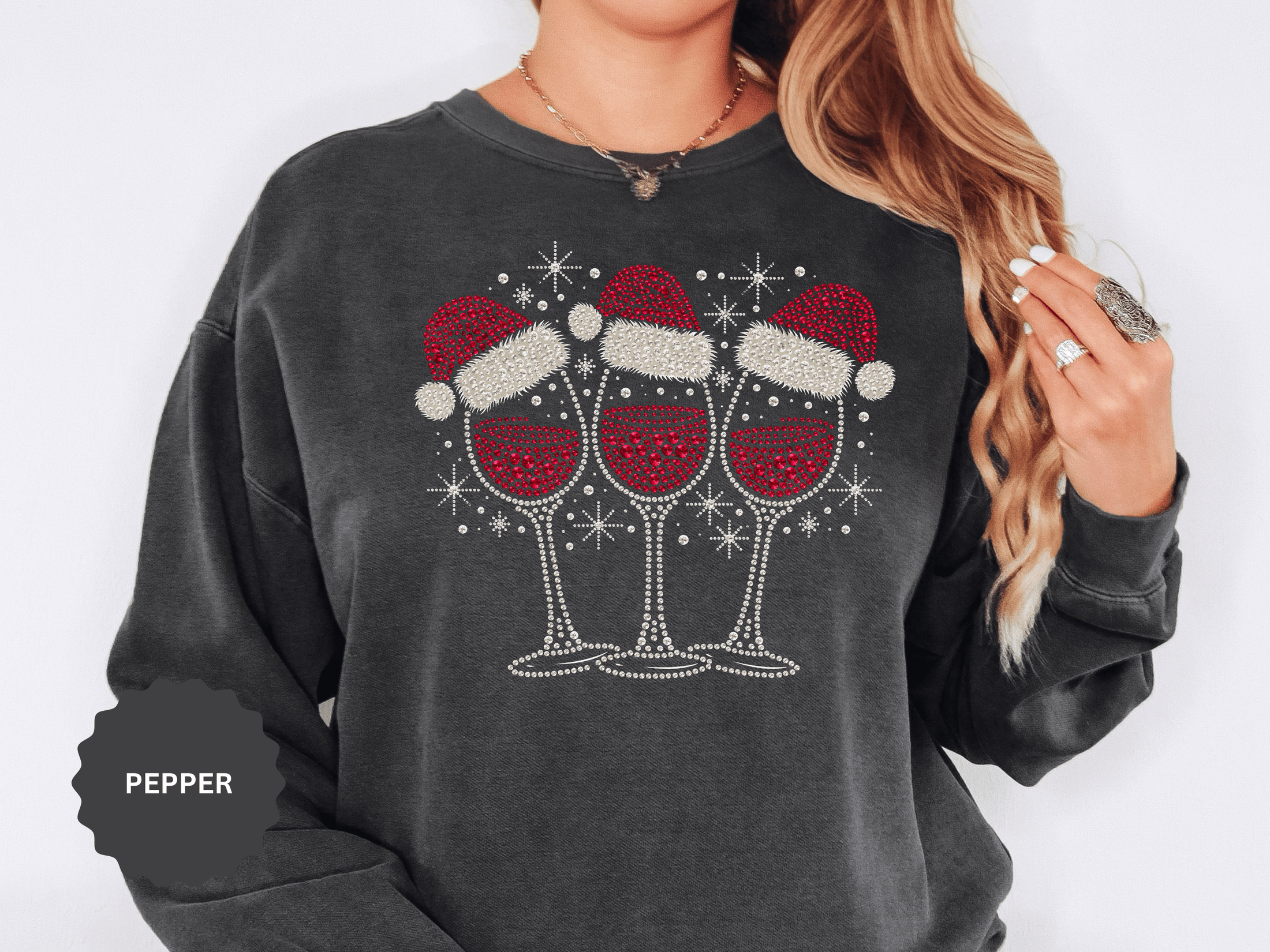 Christmas Wine Glass Sweatshirt, Rhinestone Style Santa Hat Crewneck, Sparkly Holiday Party Pullover, Wine Lover Gift for Girls Night