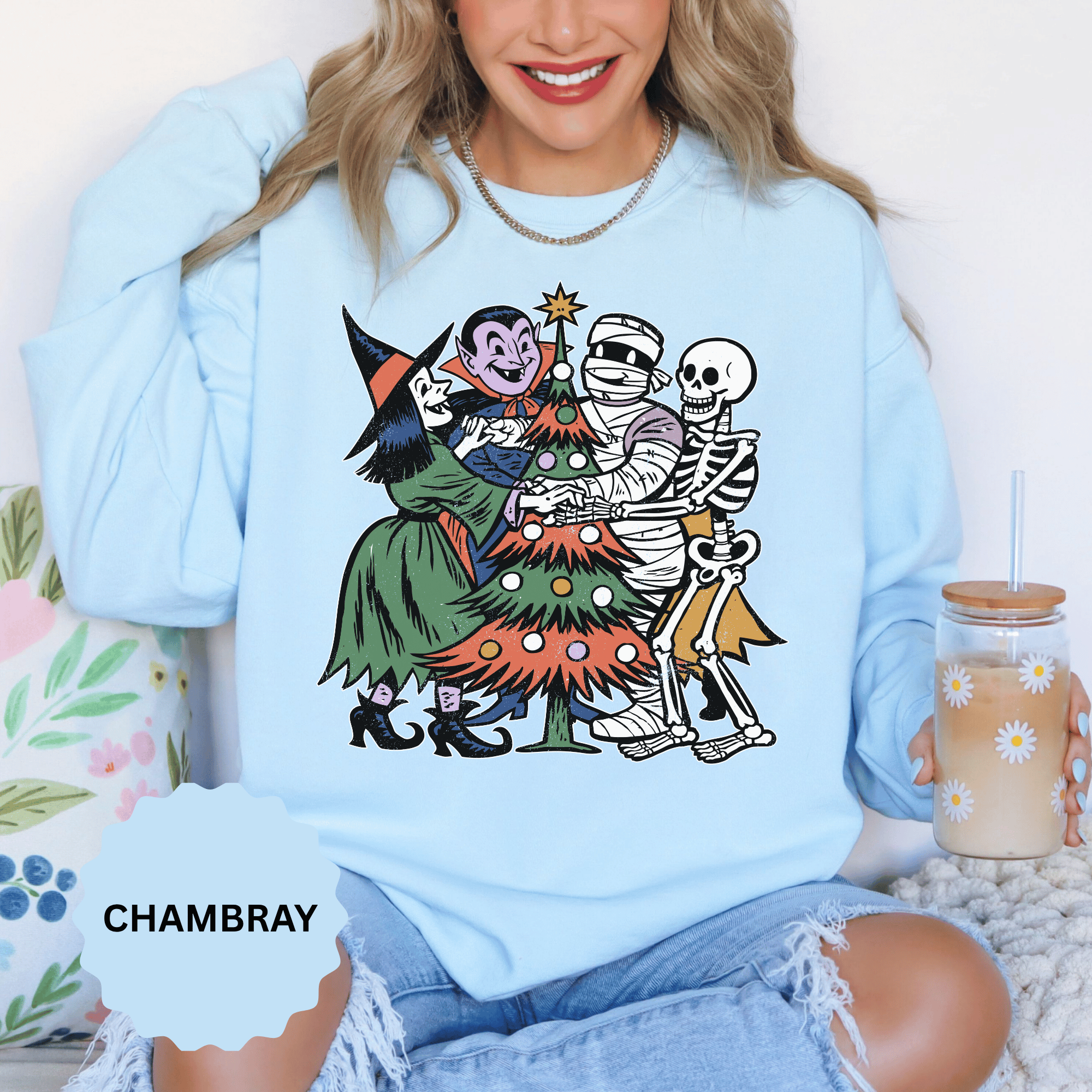Spooky Christmas Sweatshirt, Halloween Holiday Mashup Crewneck, Witch Vampire Mummy Skeleton Pullover, Gothic Xmas Gift for Horror Fan