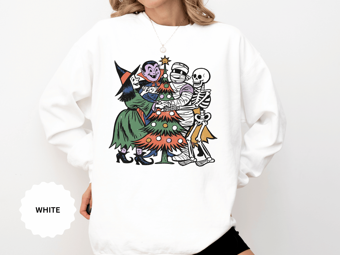 Spooky Christmas Sweatshirt, Halloween Holiday Mashup Crewneck, Witch Vampire Mummy Skeleton Pullover, Gothic Xmas Gift for Horror Fan