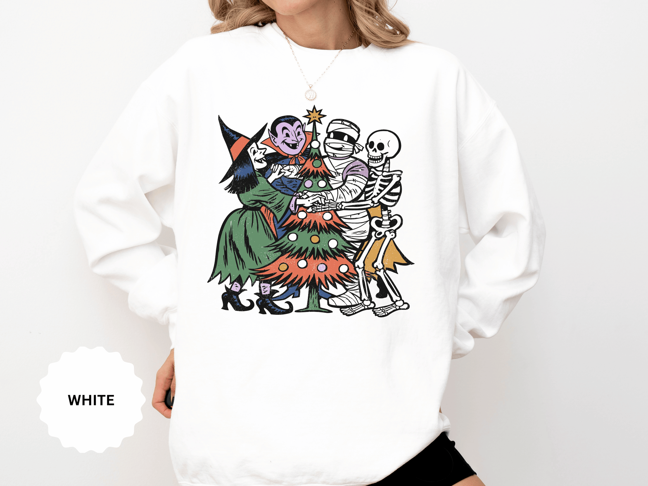 Spooky Christmas Sweatshirt, Halloween Holiday Mashup Crewneck, Witch Vampire Mummy Skeleton Pullover, Gothic Xmas Gift for Horror Fan