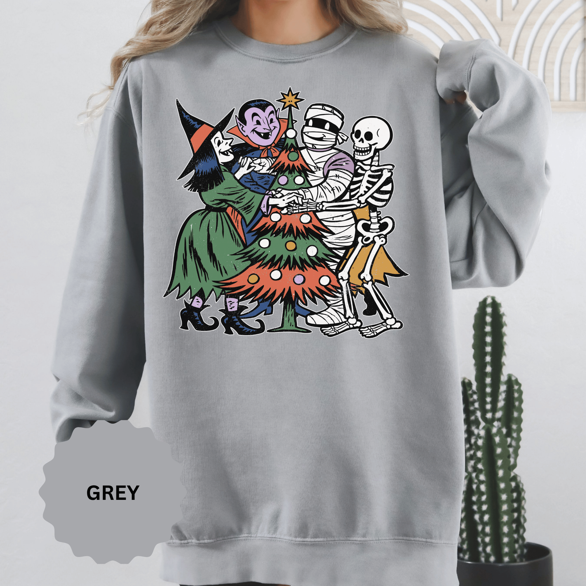 Spooky Christmas Sweatshirt, Halloween Holiday Mashup Crewneck, Witch Vampire Mummy Skeleton Pullover, Gothic Xmas Gift for Horror Fan
