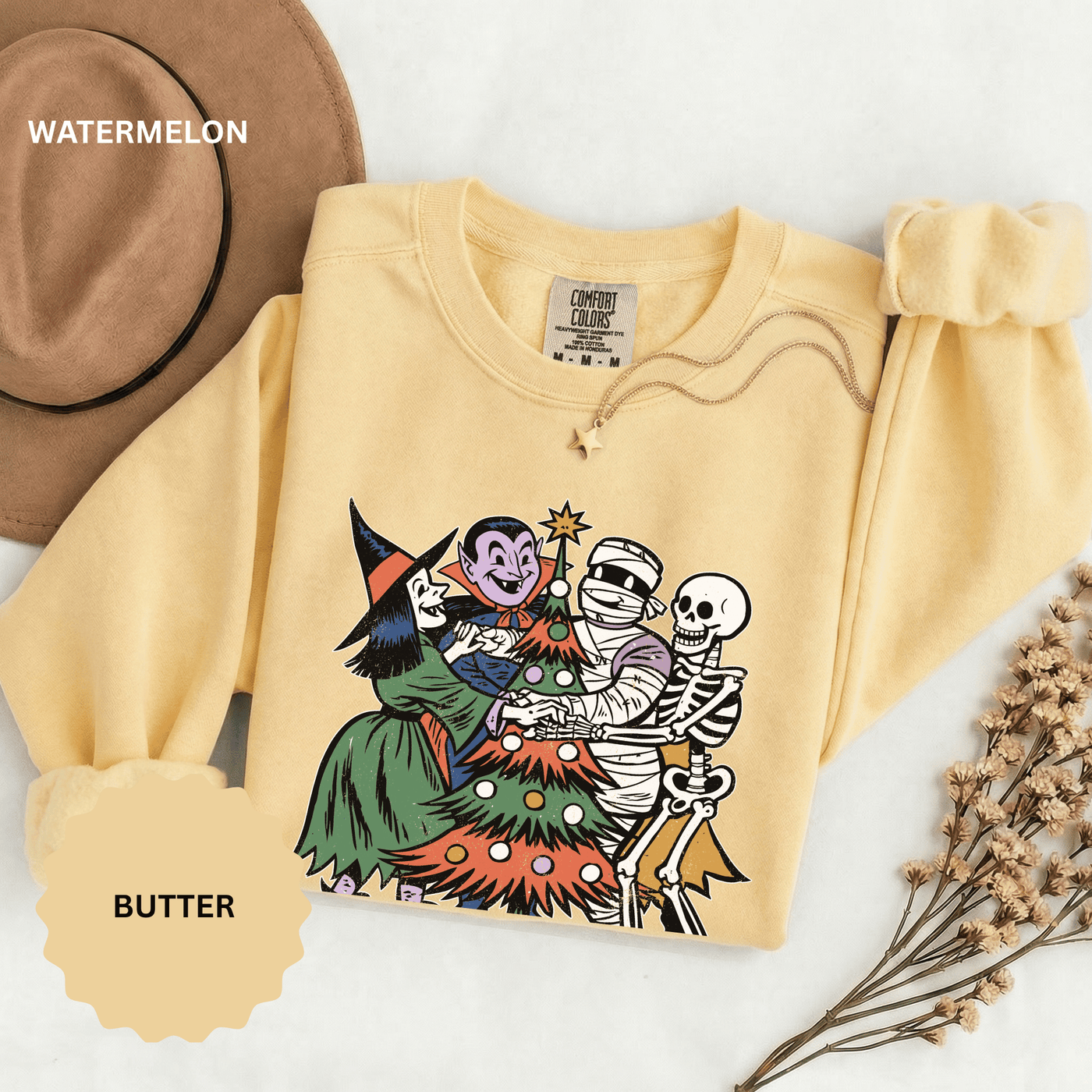 Spooky Christmas Sweatshirt, Halloween Holiday Mashup Crewneck, Witch Vampire Mummy Skeleton Pullover, Gothic Xmas Gift for Horror Fan