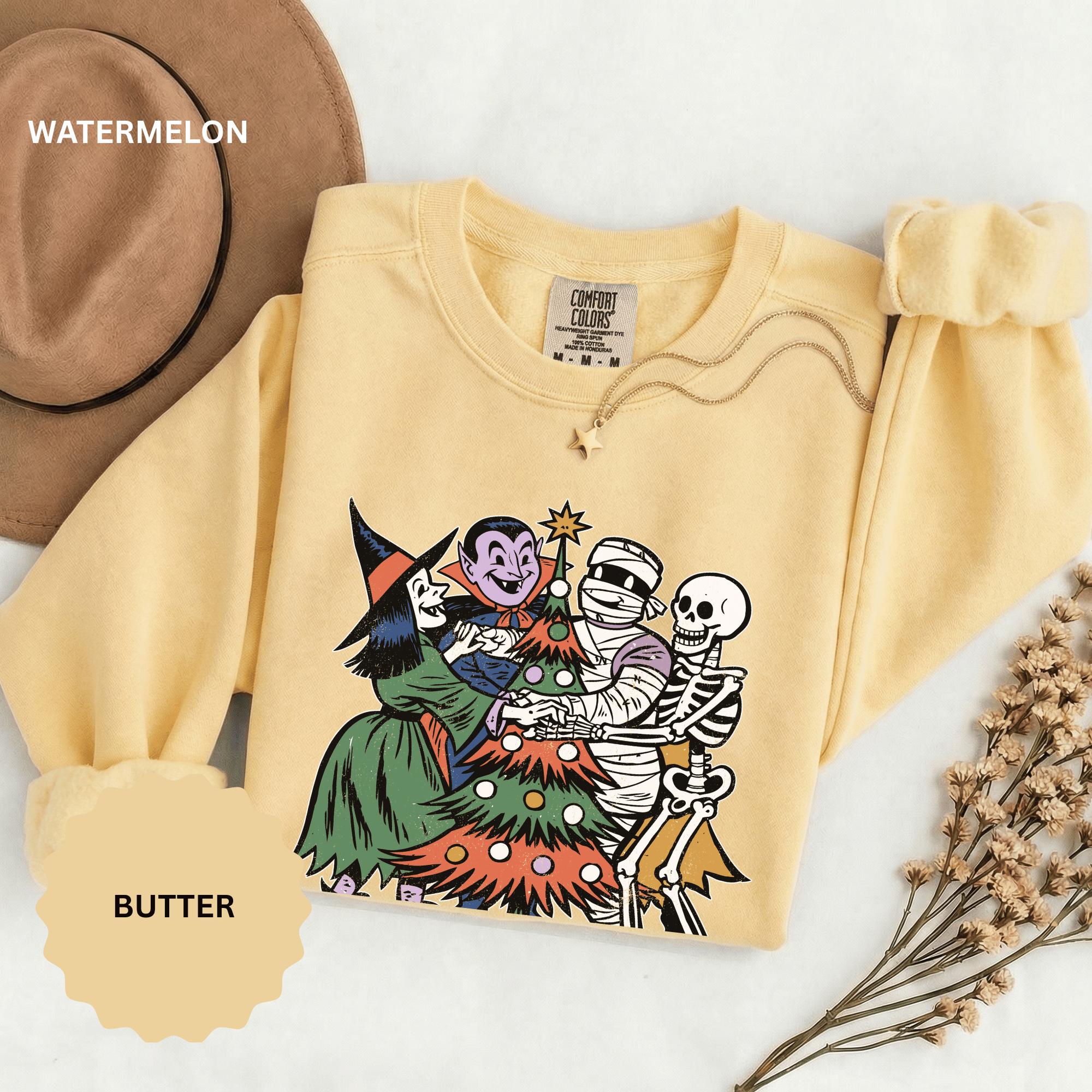 Spooky Christmas Sweatshirt, Halloween Holiday Mashup Crewneck, Witch Vampire Mummy Skeleton Pullover, Gothic Xmas Gift for Horror Fan