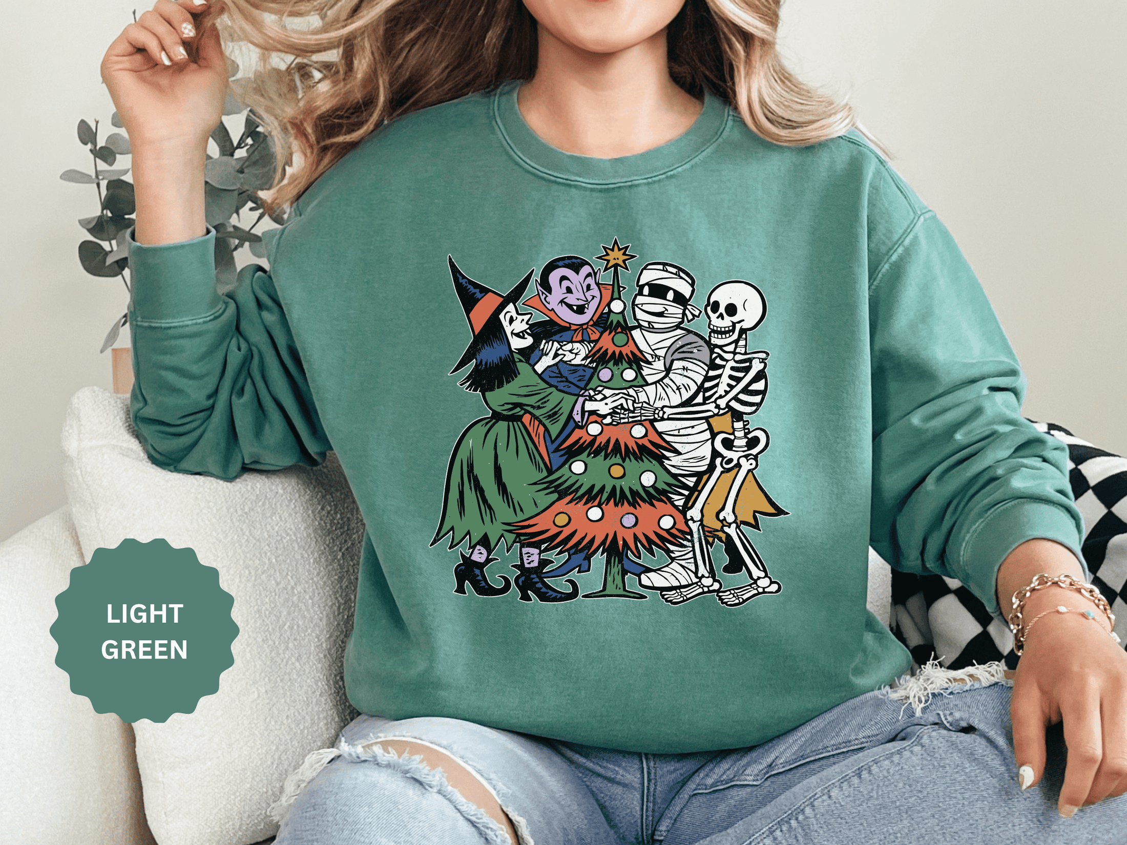 Spooky Christmas Sweatshirt, Halloween Holiday Mashup Crewneck, Witch Vampire Mummy Skeleton Pullover, Gothic Xmas Gift for Horror Fan