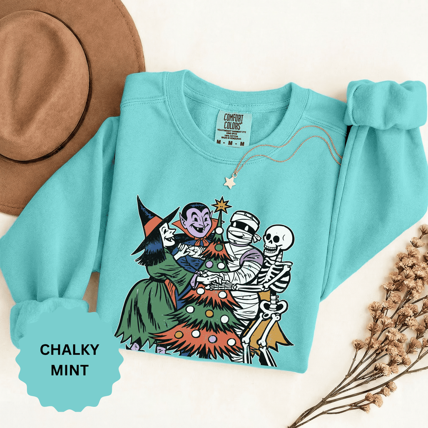 Spooky Christmas Sweatshirt, Halloween Holiday Mashup Crewneck, Witch Vampire Mummy Skeleton Pullover, Gothic Xmas Gift for Horror Fan