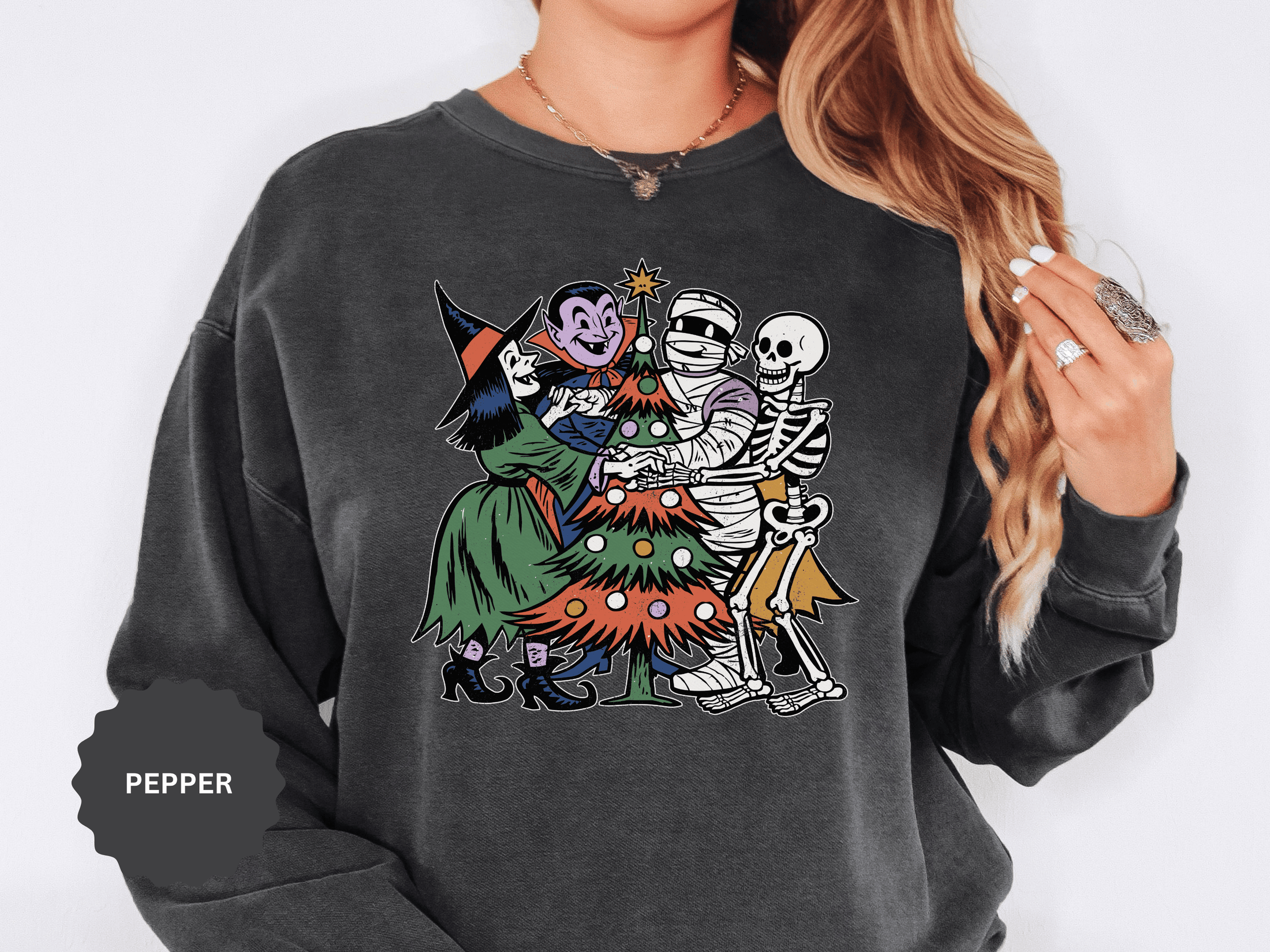 Spooky Christmas Sweatshirt, Halloween Holiday Mashup Crewneck, Witch Vampire Mummy Skeleton Pullover, Gothic Xmas Gift for Horror Fan