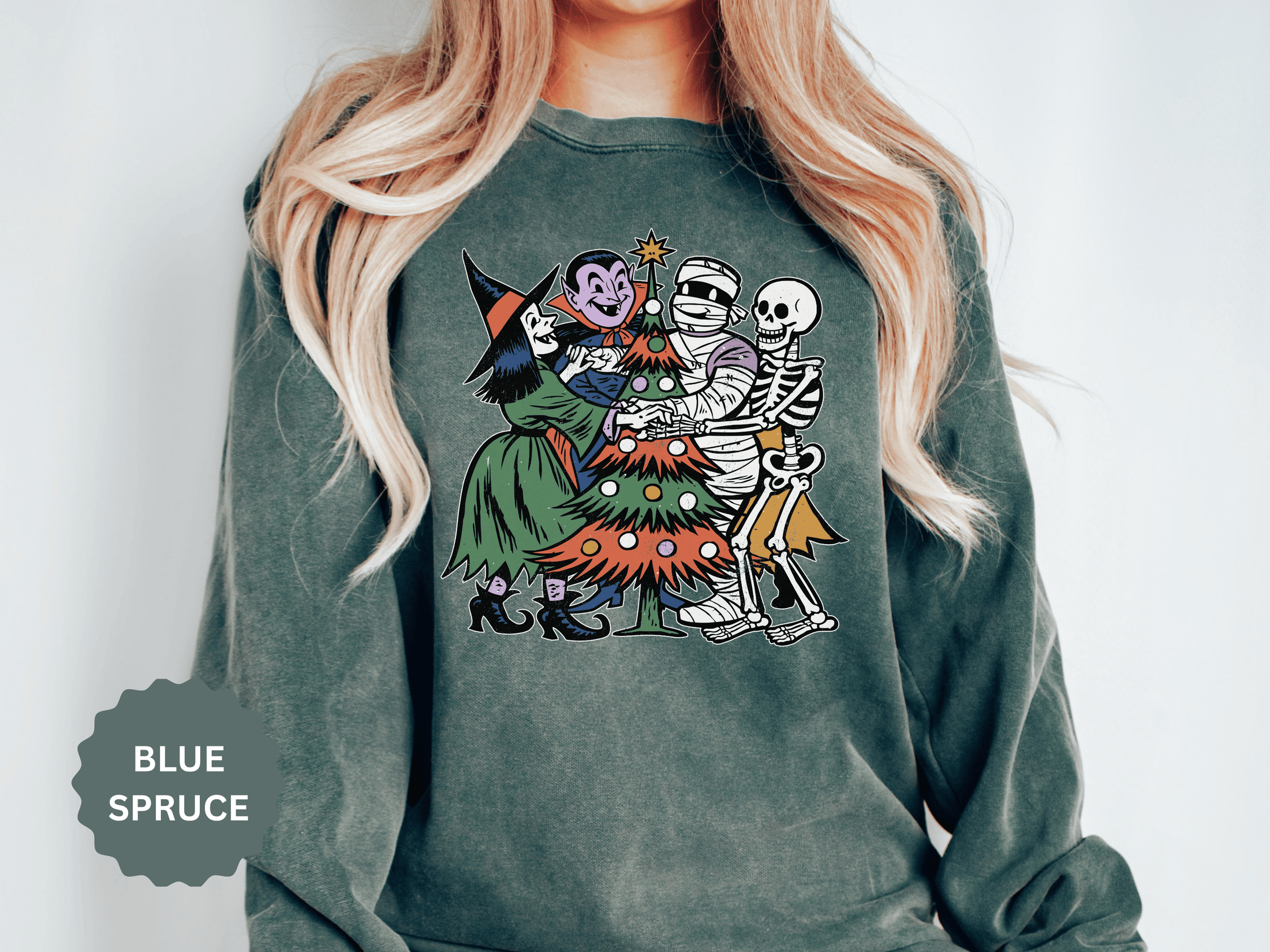 Spooky Christmas Sweatshirt, Halloween Holiday Mashup Crewneck, Witch Vampire Mummy Skeleton Pullover, Gothic Xmas Gift for Horror Fan