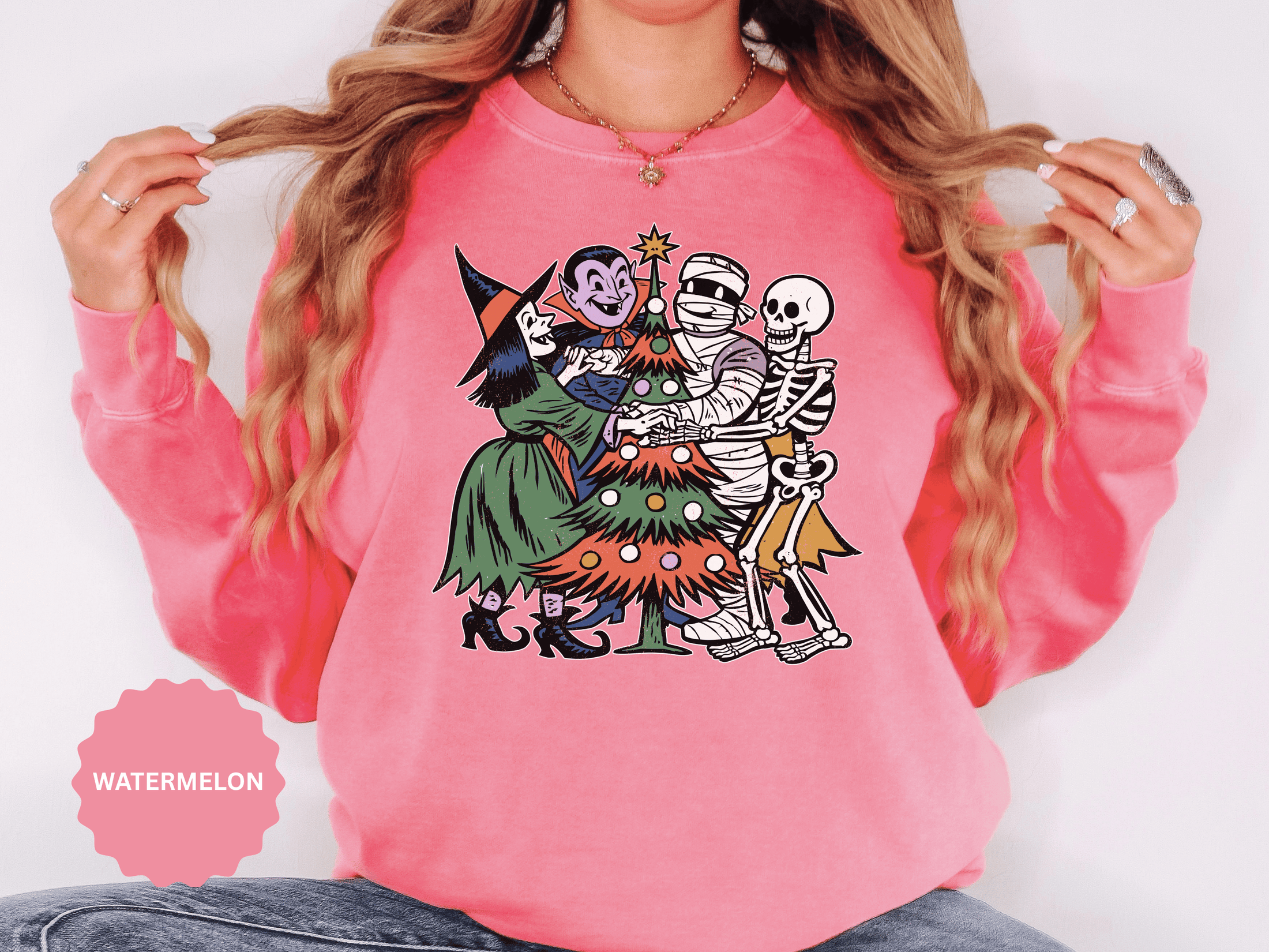 Spooky Christmas Sweatshirt, Halloween Holiday Mashup Crewneck, Witch Vampire Mummy Skeleton Pullover, Gothic Xmas Gift for Horror Fan