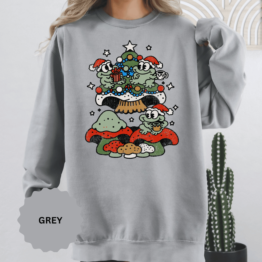 Christmas Frog Sweatshirt, Cute Holiday Crewneck with Frogs Mushrooms and Tree, Whimsical Cottagecore Pullover, Gift for Frog Lover