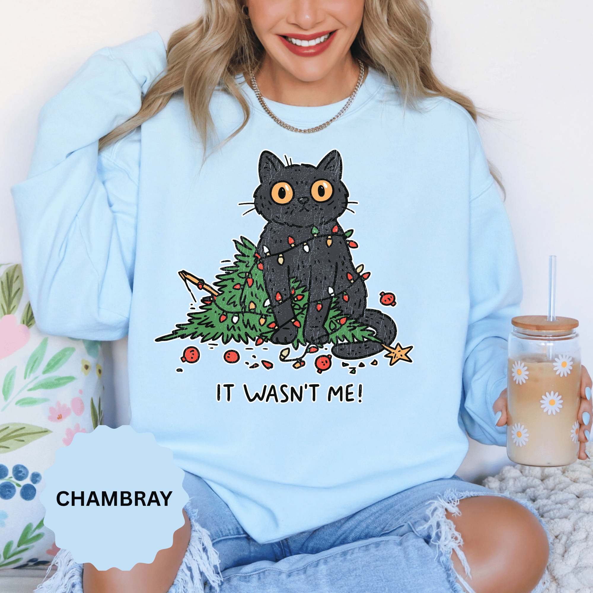 It Wasn't Me Black Cat Christmas Sweatshirt, Funny Holiday Crewneck, Mischievous Kitty Lights Pullover, Gift for Cat Mom or Cat Dad